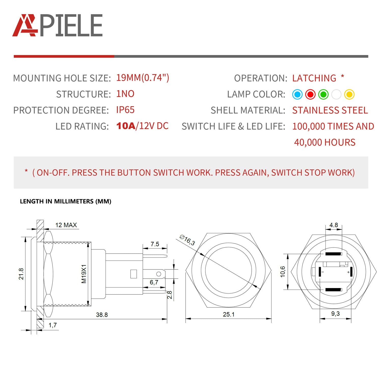 Apiele 10 Amp 19Mm Latching Push Button Switch 12V Spst Led Waterproof Round Self-Locking 1No (Silver Stainless Steel, Blue)