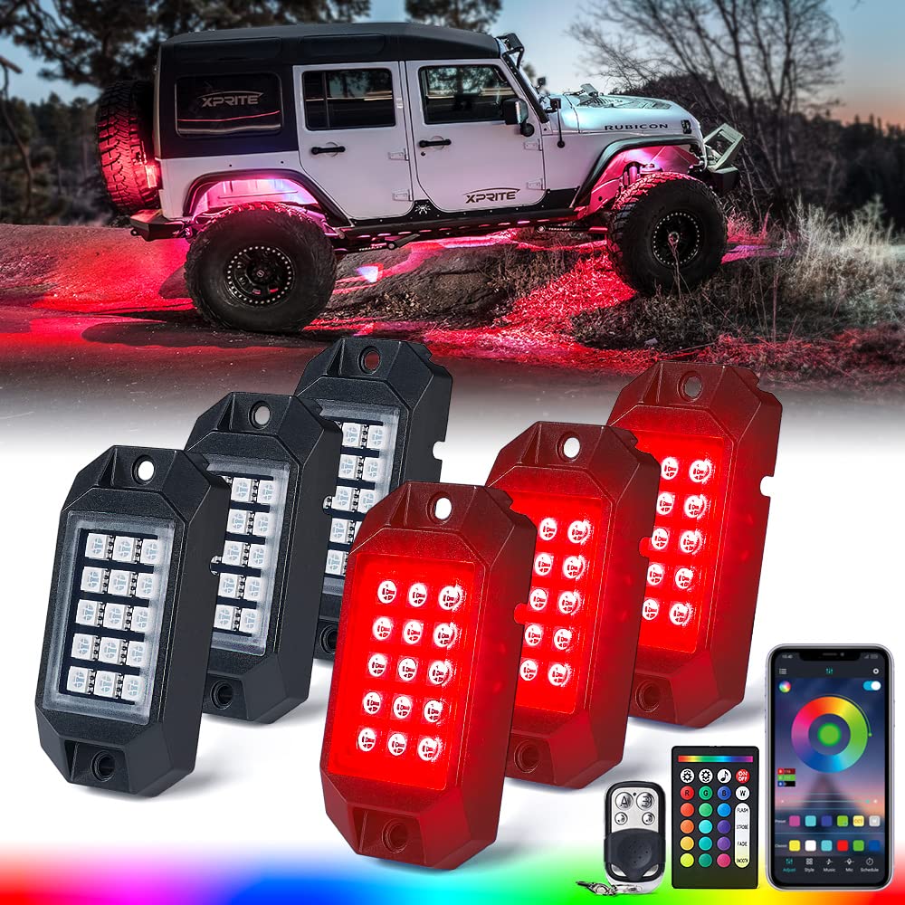 Xprite Rgb Bluetooth Rock Lights Kit, Multicolor Neon Lighting Cars Underglow Footwell Wheel Well Light Pods, W/Rf Remote Contro
