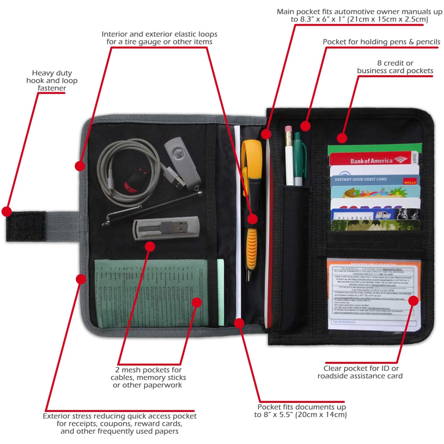 Glove Box Compartment Organizer - Car Document Holder - Owner Manual Case Pouch - Vehicle Storage Wallet For Registration & Insurance Card - Premium Auto Paperwork Holder - Log Book Included - Gray