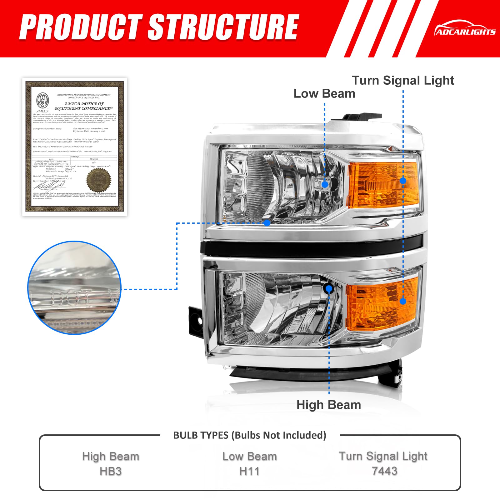 Adcarlights For 2014 2015 Chevy Silverado 1500 Headlight Assembly Chrome Housing With Amber Reflector Left And Right Pair
