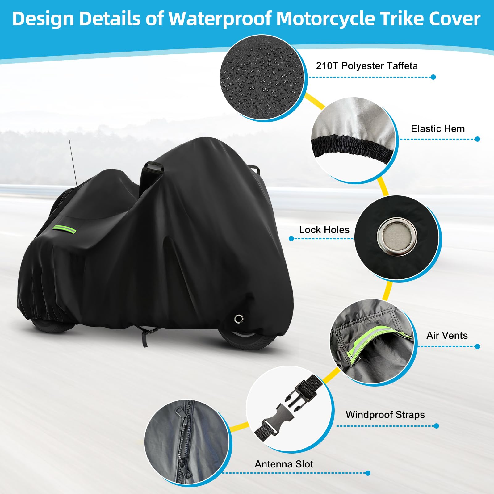 Motorcycle Cover Waterproof for Trike Models Freewheeler/CVO Version/Tri Glide Ultra/Gold Wing Trike, Heavy Duty Sun Rain Outdoo
