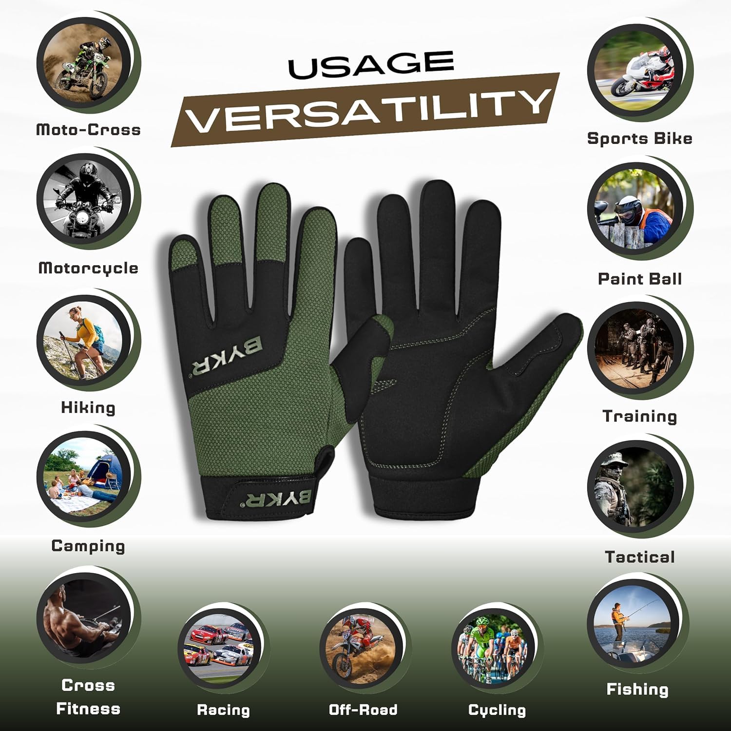 Bykr All-Weather Motorcycle Gloves For Men & Women - Protection For Dirt Bike, Bmx, Mx, And Atv Riding - Mil Green S