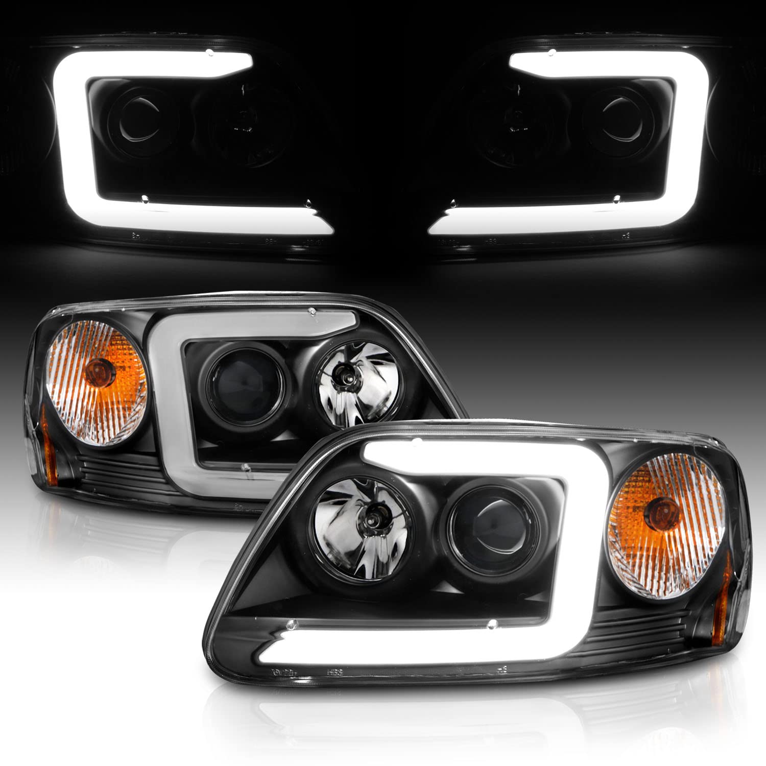Amerilite For 1997-2003 Ford F150 Expedition Pickup Truck Black C-Type Led Tube Projector Replacement Headlights Set - Driver An
