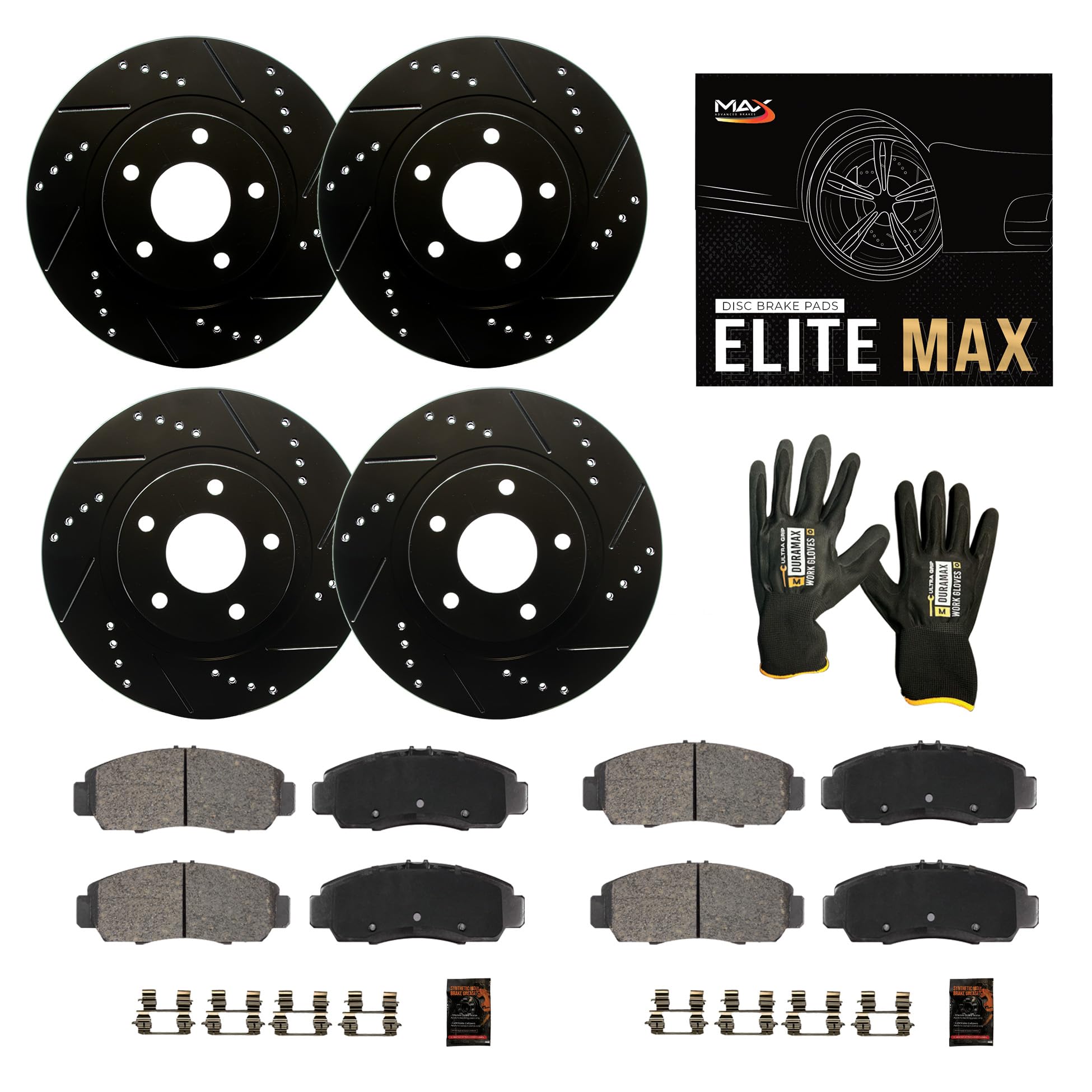 Max Advanced Brakes Front & Rear Brake Kit For 2012-2020 Dodge Grand Caravan Town&Country Dual Piston Front Caliper Replacement Drilled Slotted Black Coated Disc Brake Rotors And Ceramic Brake Pads