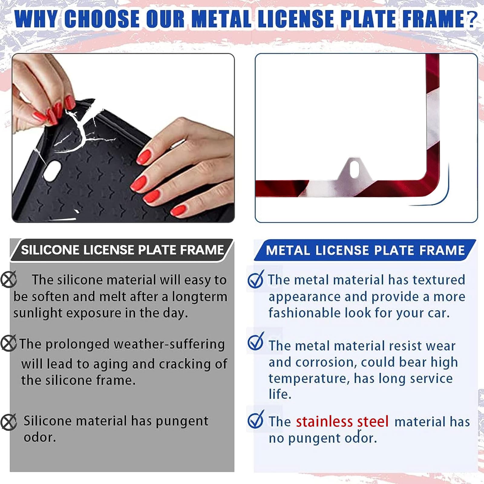 LIN KANG American Flag License Plate Frame Holder - 2 Pack Patriotic Universal Aluminum Matte Stripe US Flag Gloss Car Plate Fra