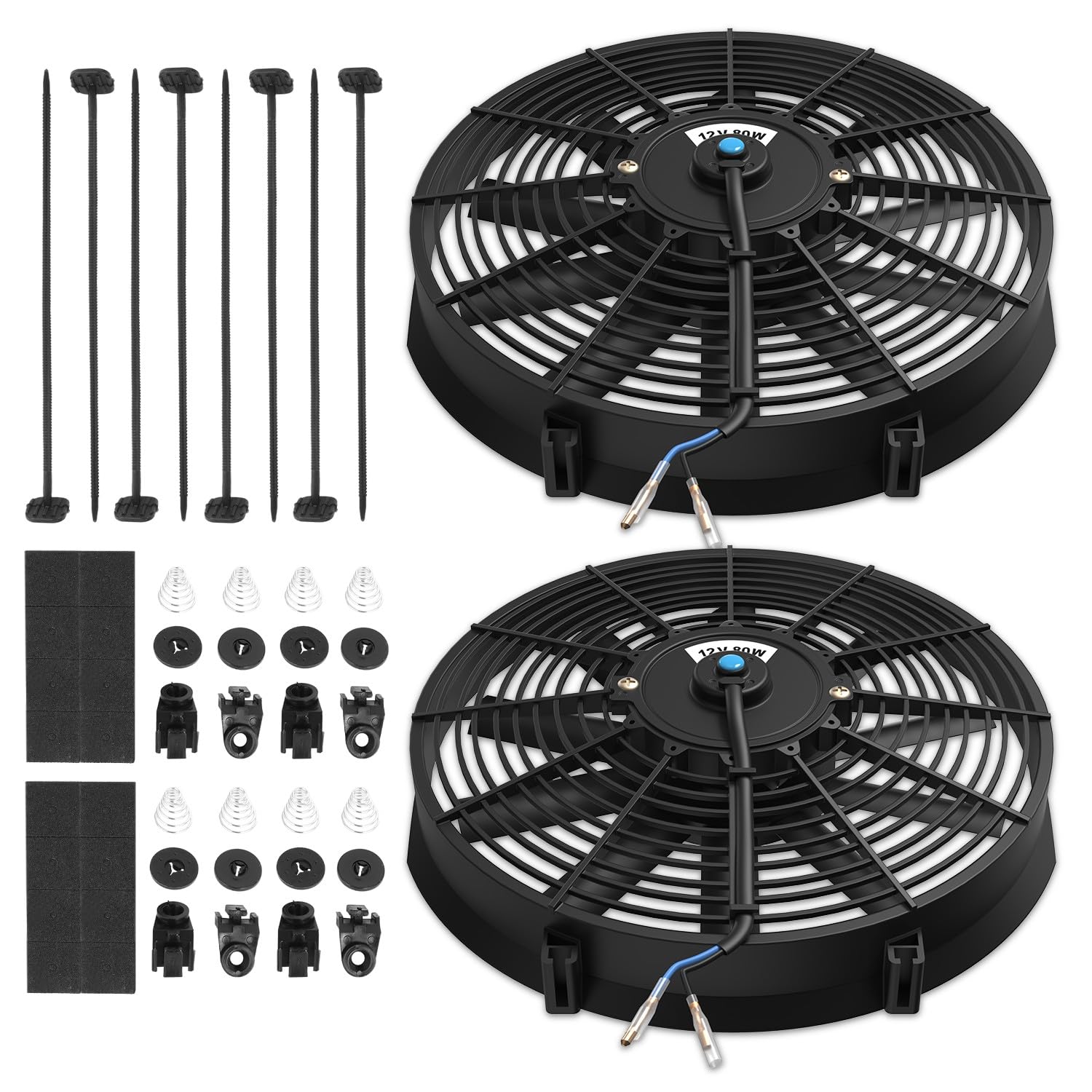 Auto Dynasty Universal 14 Inches High Performance Electric Slim Radiator Cooling Fan With Mounting Kit, (Pack Of 2) 12V, Black
