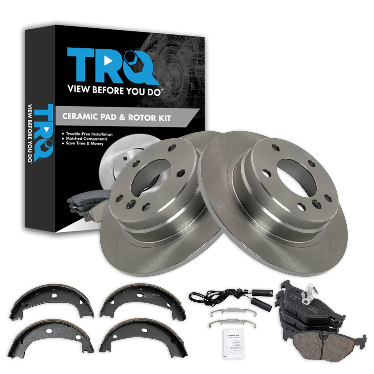 Trq Rear Brake Pad & Rotor Kit Brake Pads Brake Rotor Parking Brake Shoe Set Ceramic Compatible With 1999 Bmw 323I