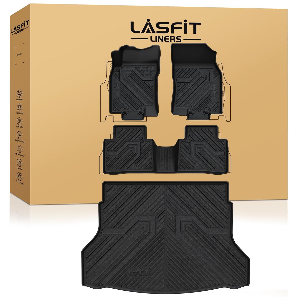 LASFIT Floor Mats & Cargo Mat for Nissan Rogue 2014-2020 (Not Fit Hybrid/Select/Sport / 7 Seats), All Weather TPE Custom Fit Eas