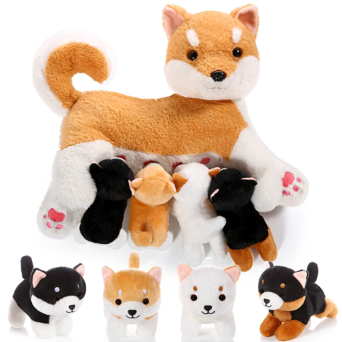 Honoson Nurturing Dog Stuffed Animal With Puppies Set Nursing Mommy Dog Plush With 4 Baby Puppies Soft Cute Stuffed Plush Toys F