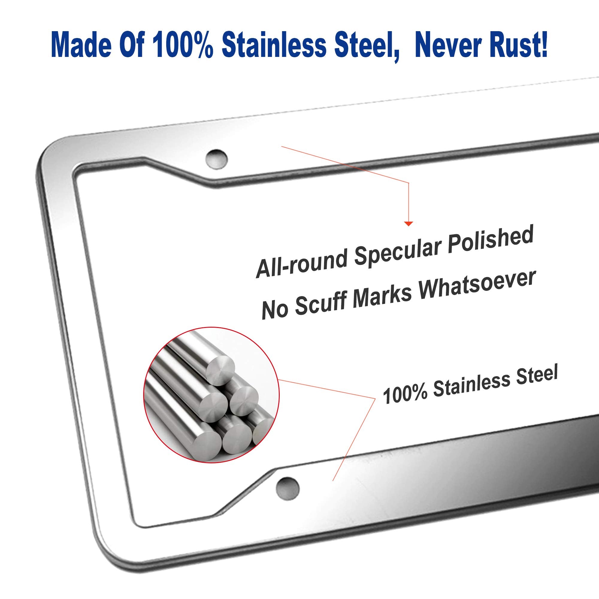 Bggtmo Stainless Steel License Plate Frames- 2 Pack Heavy Duty Polished Mirror Car Tag Cover With Chrome Screws Caps, 4 Holes Fr