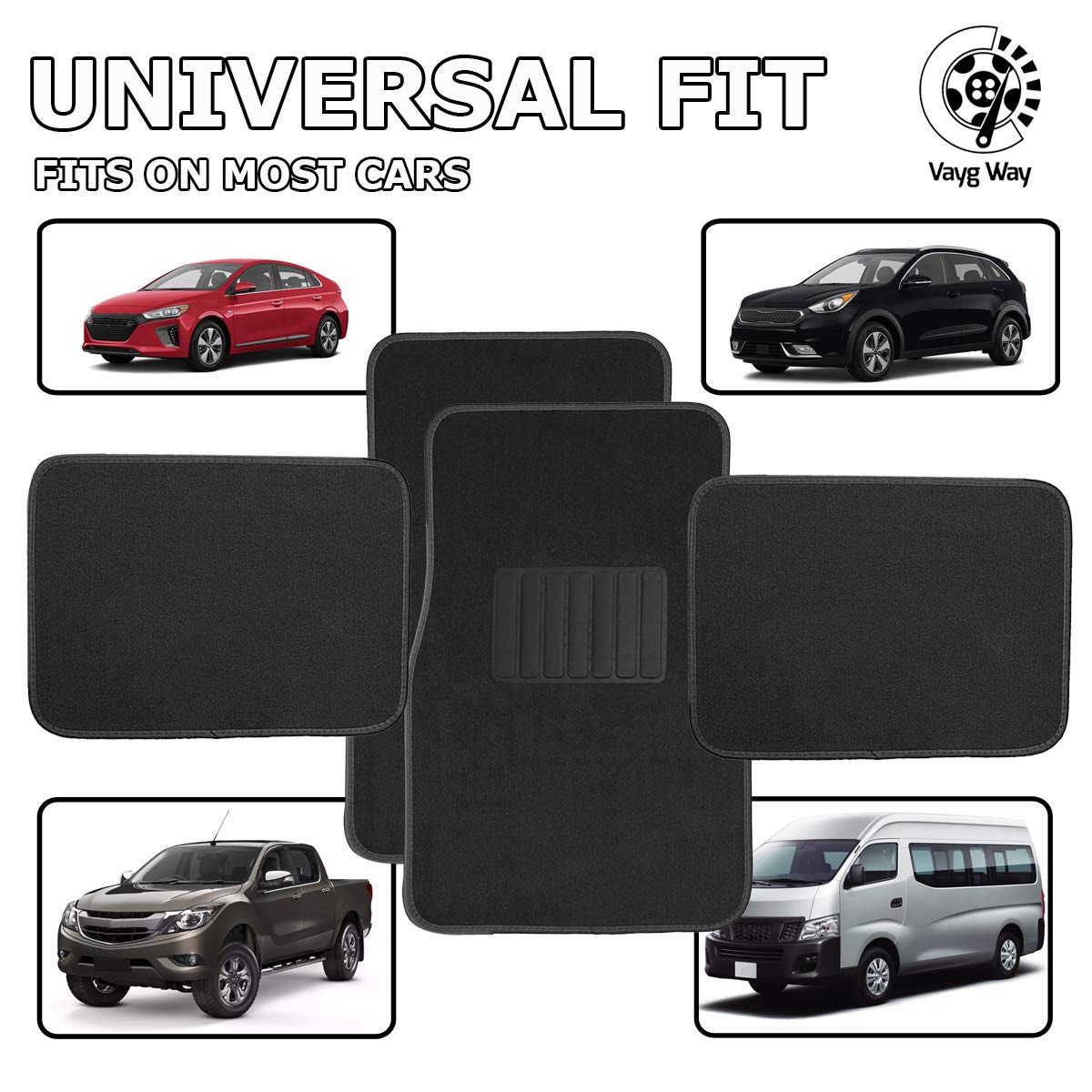 VaygWay Carpet Floor Mat for Car - Premium Quality 4 Piece Heavy Duty Set - Automotive Universal Fit Floor Mats for Cars, SUV, T