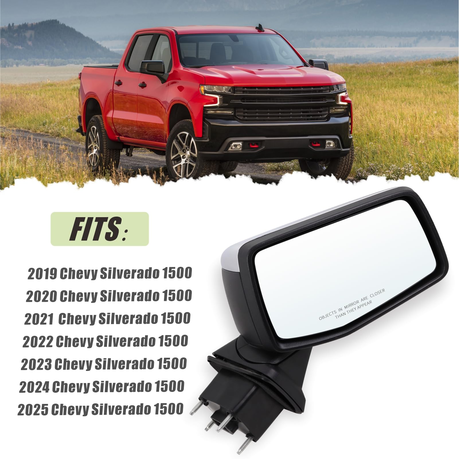 Lqito Right Passenger Side Mirror Compatible With 2019-2025 Chevy Silverado 1500 With Power Glass Manual Folding Heated Temperat