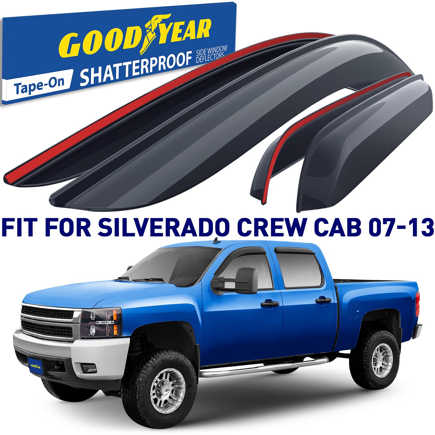Goodyear Shatterproof Window Deflectors For Trucks Chevrolet Silverado/Gmc Sierra 2007-2013 Crew Cab, Tape-On Rain Guards, Windo