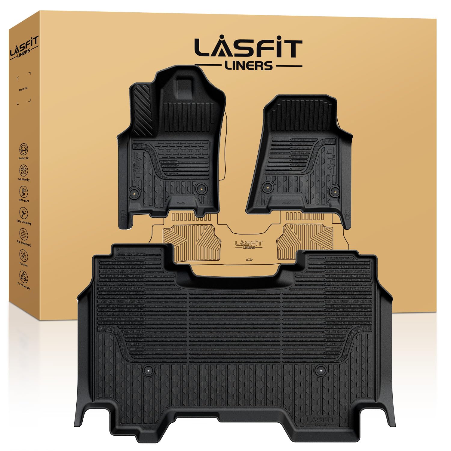 Lasfit Floor Mats 2025 For Ram 1500 Crew Cab Without Rear Under-Seat Factory Storage Bucket Seat (Not For Quad Cab), All Weather