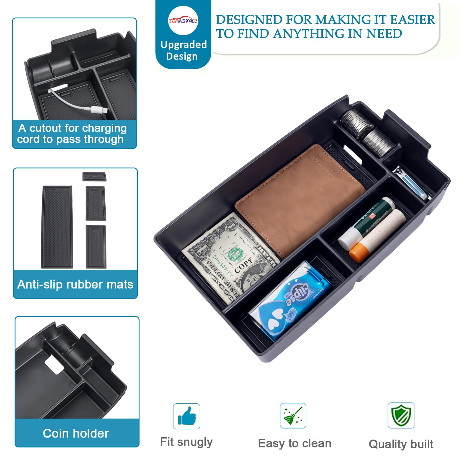 TOPINSTALL Center Console Organizer for Ford Escape/Bronco Sport 2020-2023, Black Rubber Armrest Storage Tray