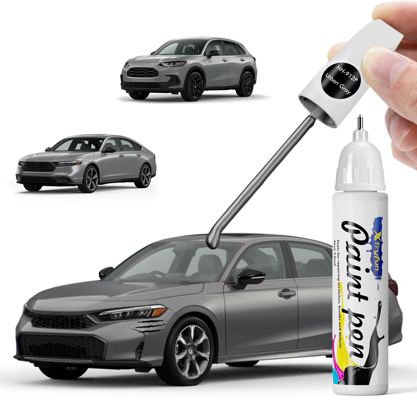 XTryfun NH912P Urban Gray Touch Up Paint Compatible with Honda, DIY Car Paint Scratch Repair, Automotive Paints, Quick & Easy Fi