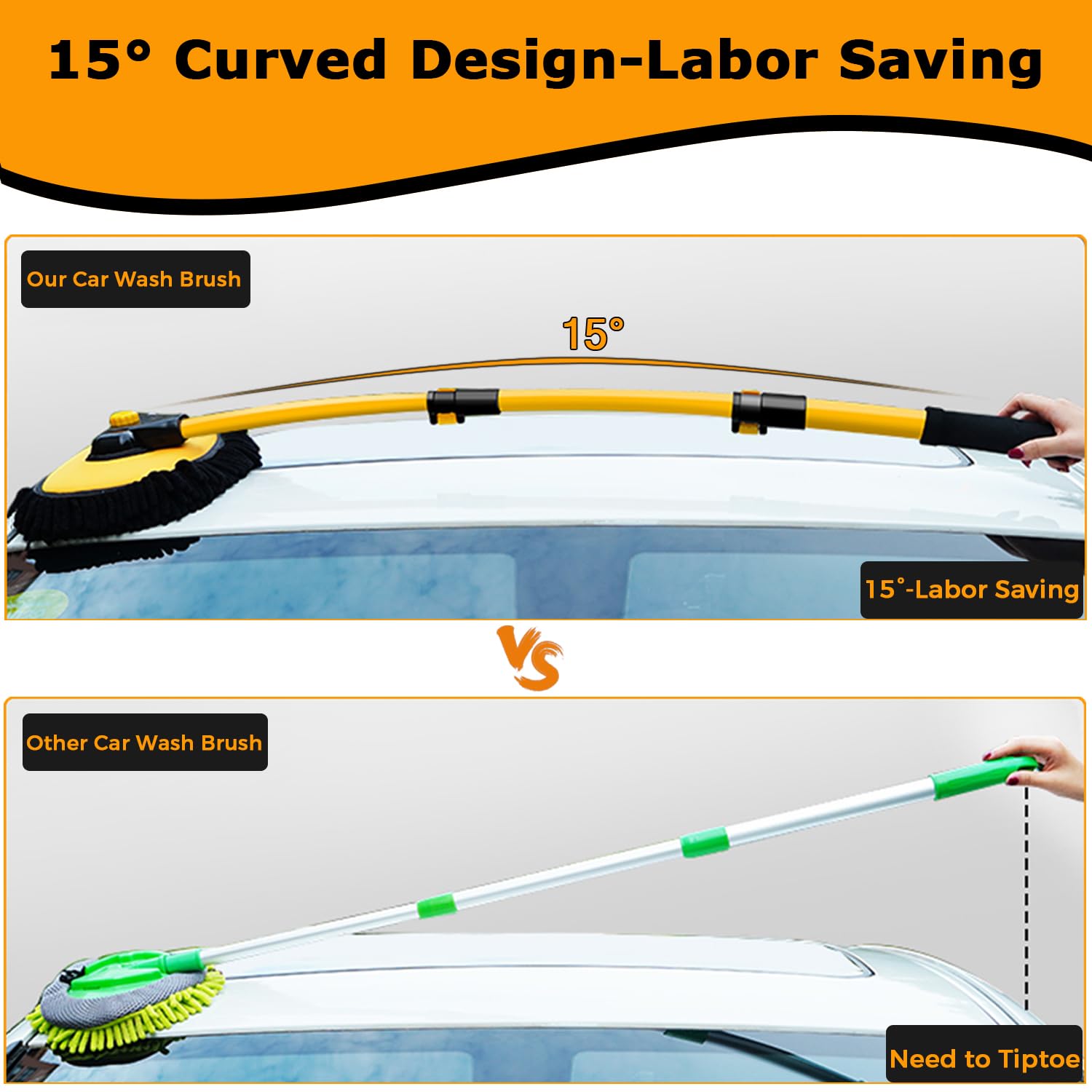 15Curved Car Wash Brush With Long Handle 43'' Extension Pole Rv Truck Microfiber Cleaning Mop Auto Suv Wheel Boat Exterior Inter