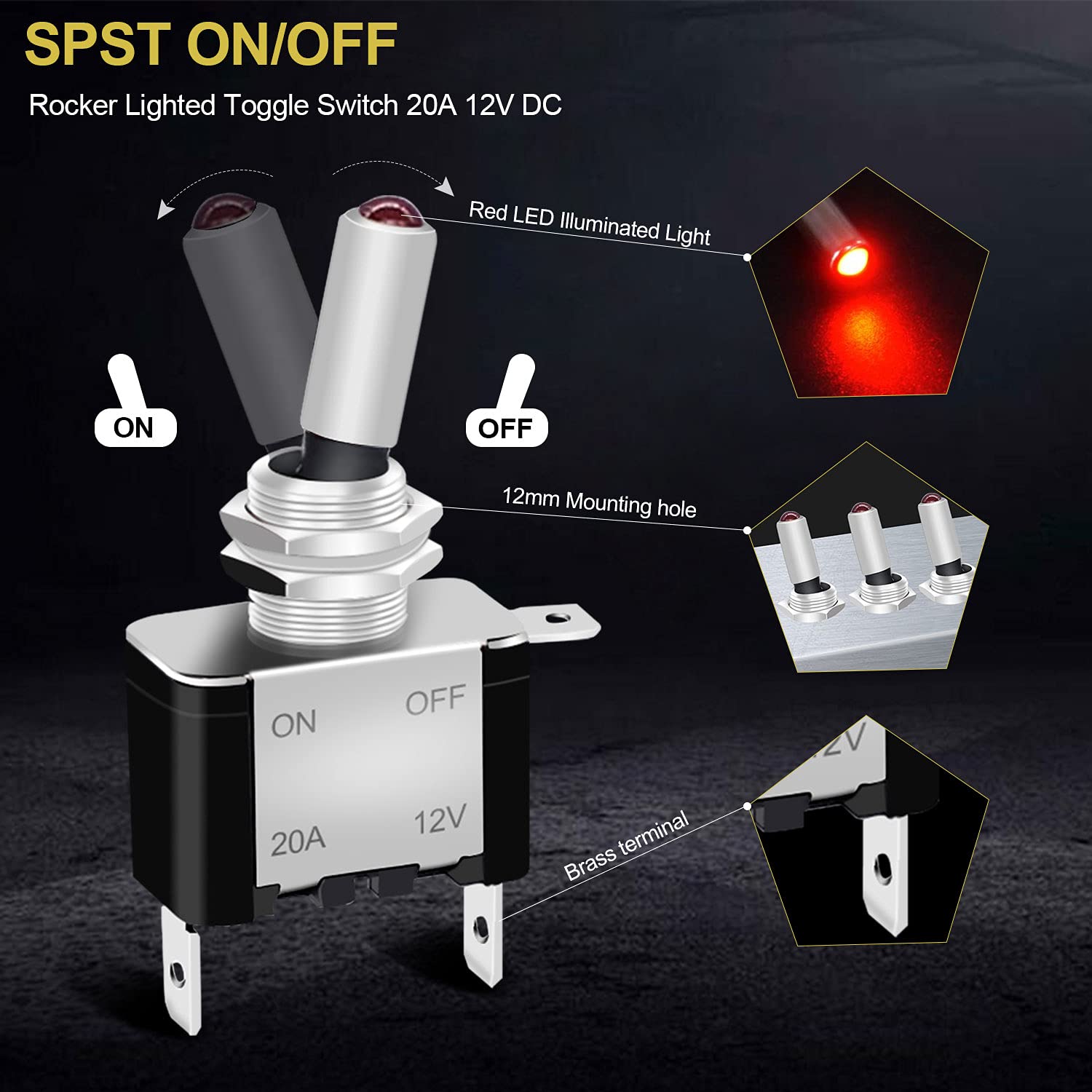 Twidec/3Pcs Rocker Lighted Toggle Switch 12V 20A Heavy Duty Racing Car Automotive Auto Spst On/Off Toggle Switch Red Led Illuminated 3Pin Asw-07Dr