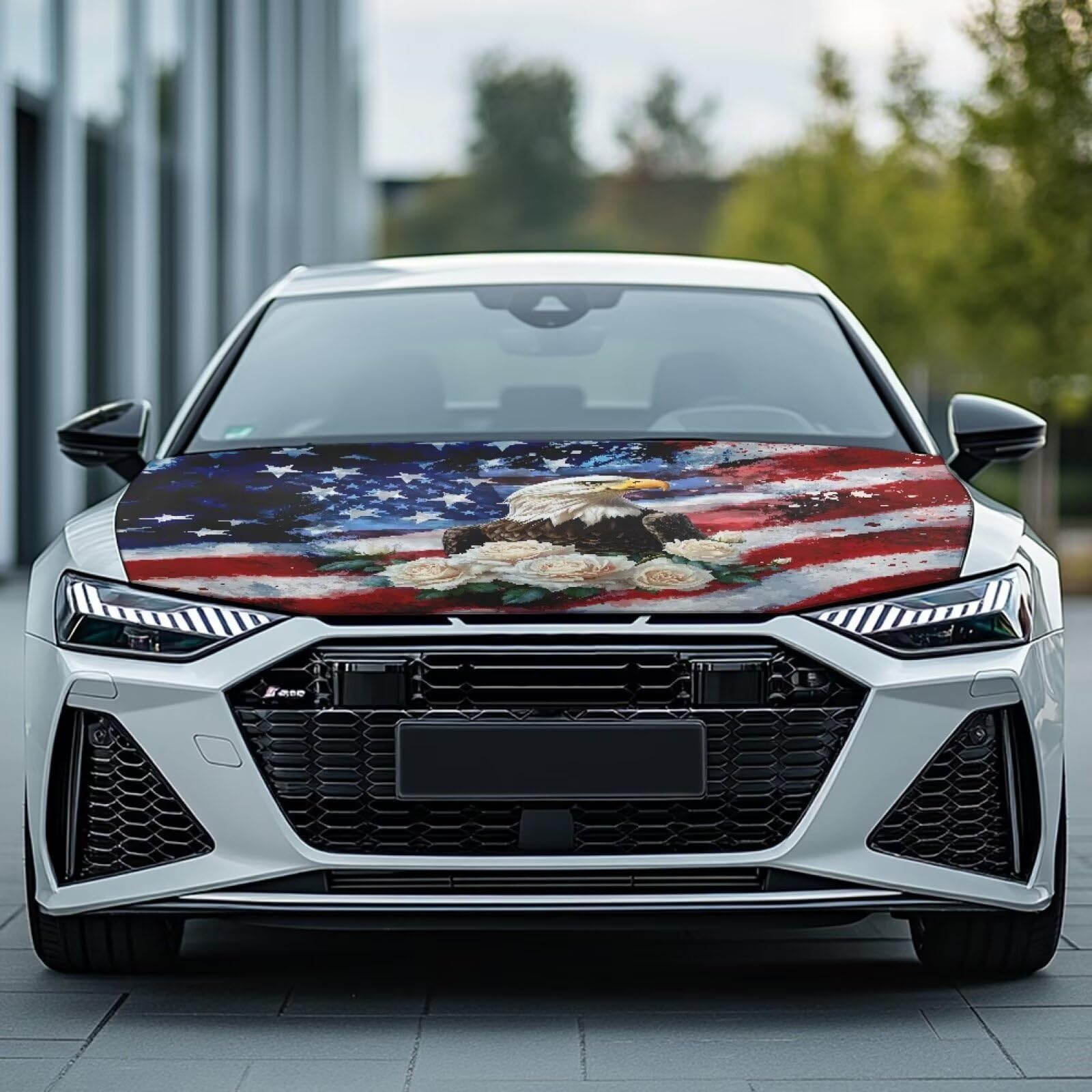 Bald Eagle Flower USA Flag Car Hood Cover Protector 59  39 Inch Stretchable Auto Hood Wrap Blankets Waterproof Sun Proof Auto Pa