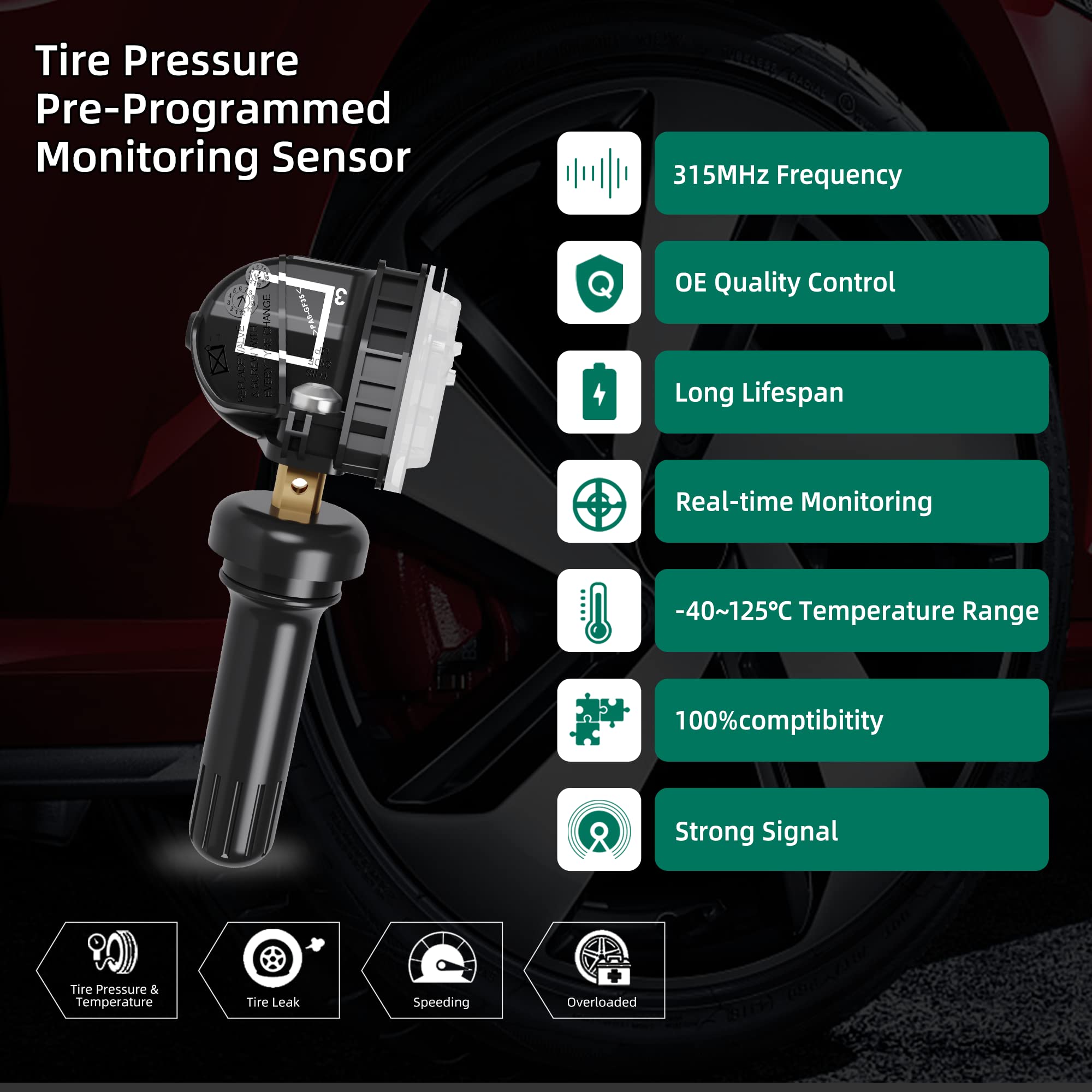 Cdwtps Tpms Sensor Gm 4-Pack, 315Mhz Tire Pressure Monitor System For Chevy Silverado Gmc Buick Cadillac Hummer Pontiac Gm Saab Saturn Replace#13598771,13598772,13586335,13581558,20923680