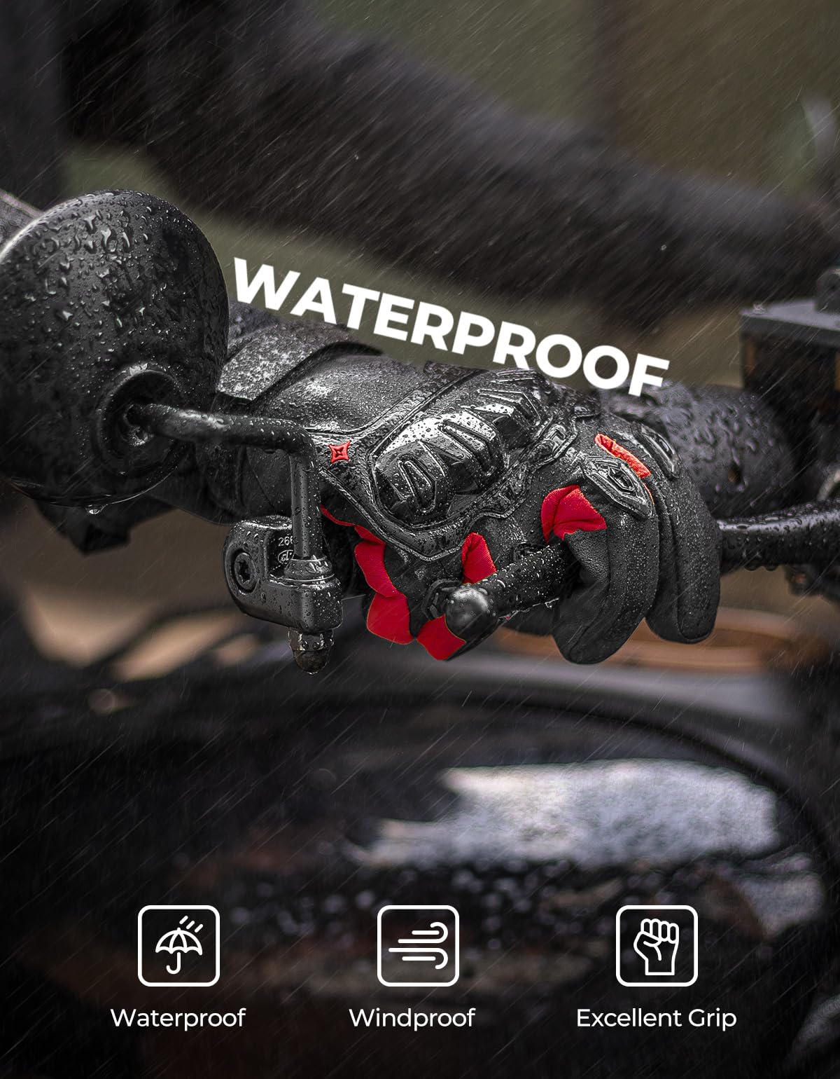 Kemimoto Winter Motorcycle Gloves, Rainproof Riding Gloves With Touchscreen, Motorcycle Winter Gloves For Men, Warm Motorcycle Gloves For Riding, Atv, Utv, Snowmobile - Red, Medium