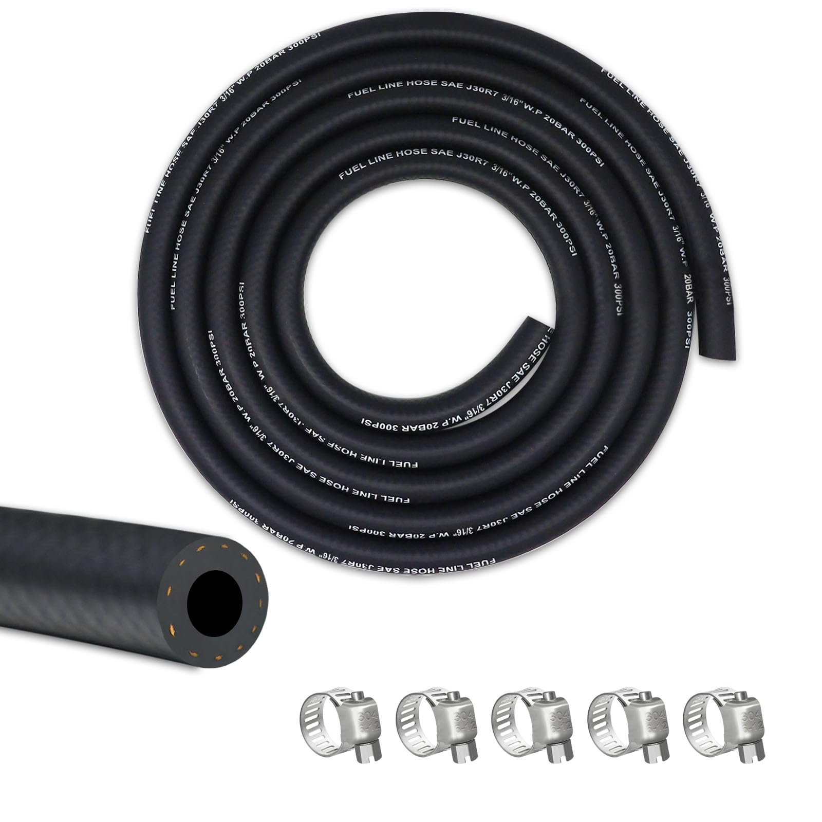 Vwtni 3/16 Fuel Line, Fuel Line Hose 5 Feet, Nbr Rubber Gasoline Tube With 5Pcs Stainless Steel Clamps, Fuel Line Kit.