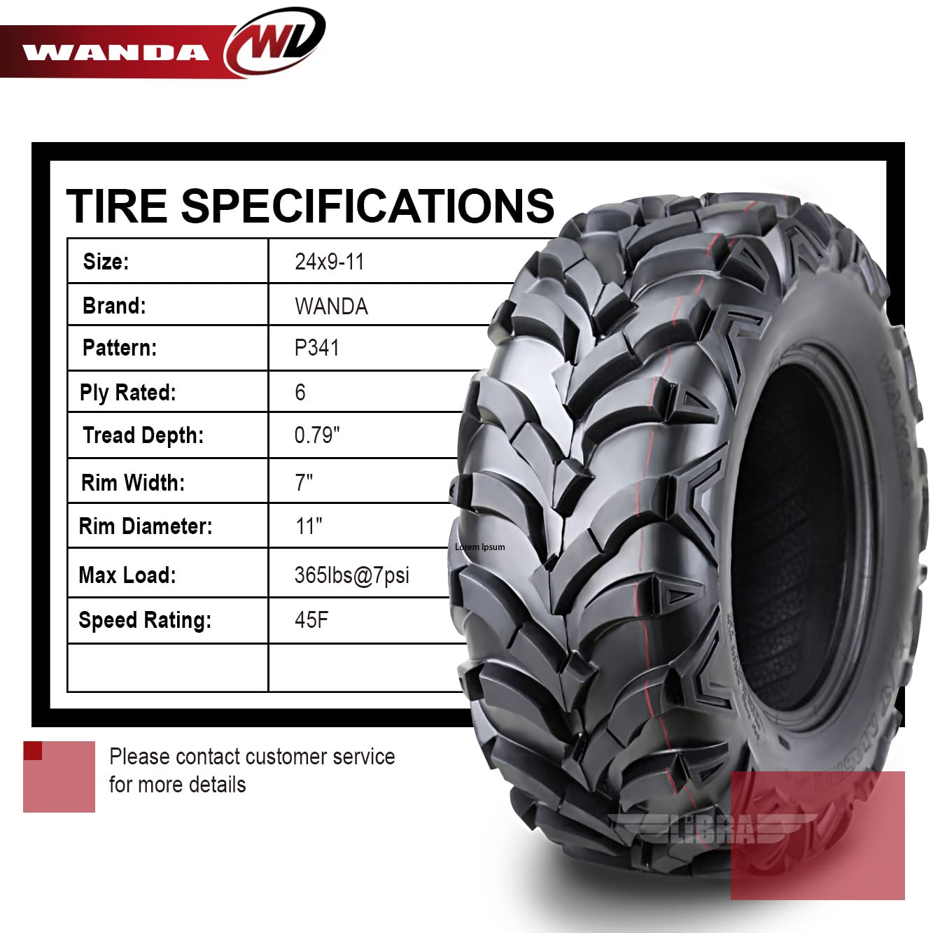 Wanda Set Of 4 Atv Utv Tires 24X9-11 24X9X11 Front & Rear P341 Deep Tread Mud