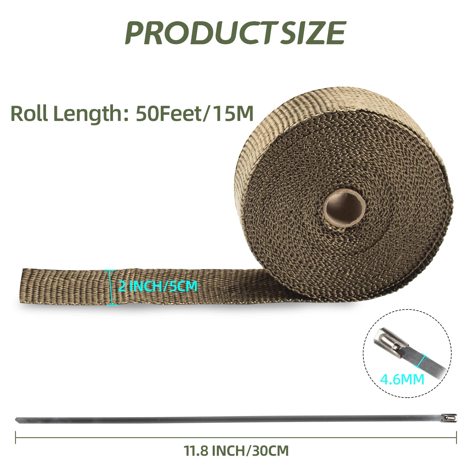 Titanium Exhaust Heat Tape Wrap, 2   X 50 Ft, Motorcycle Fiberglass Heat Shield Tape With Stainless Ties