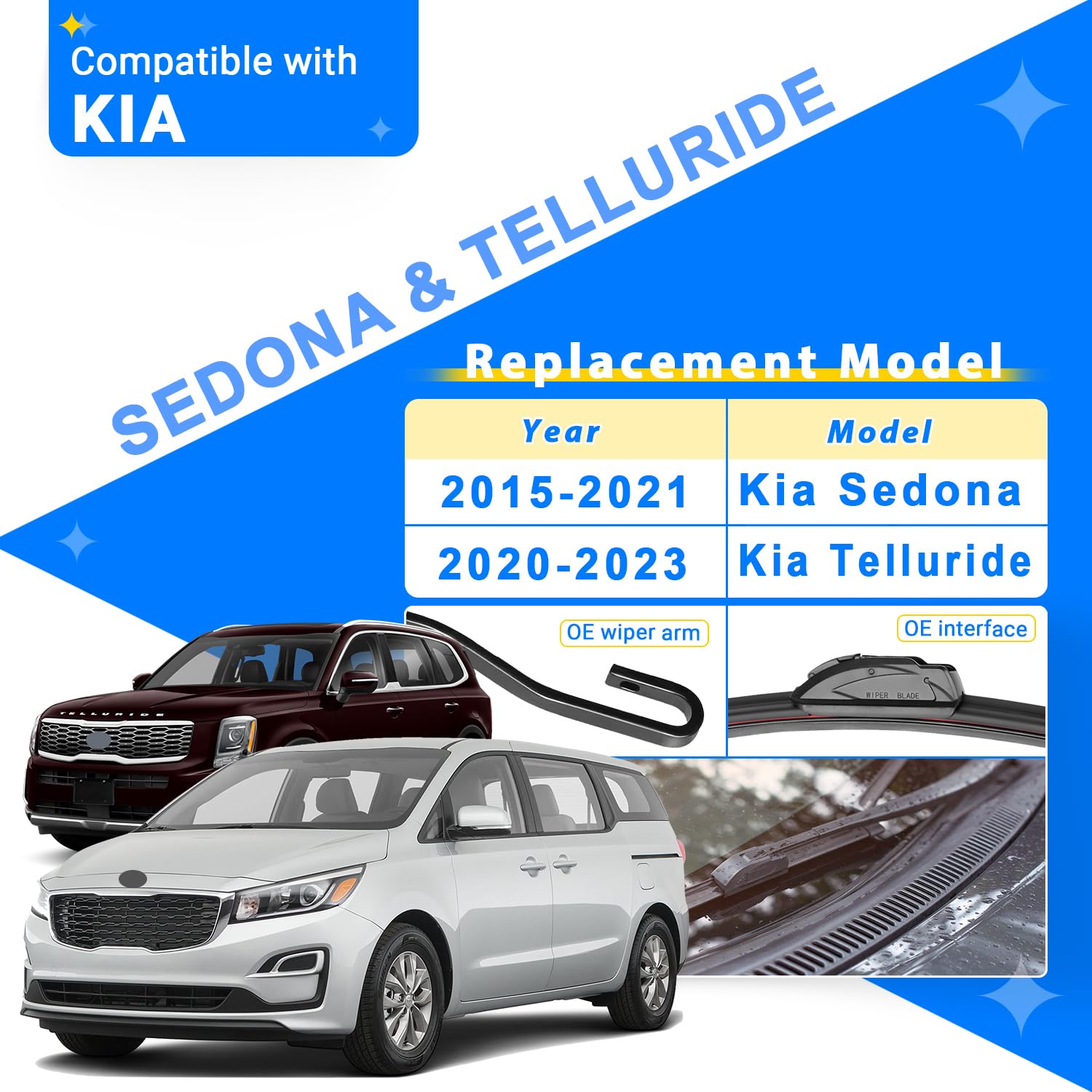 Raintok Windshield Wiper Blades Replacement For 2015-2021 Kia Sedona / 2020-2023 Kia Telluride Original Factory Quality Front Re