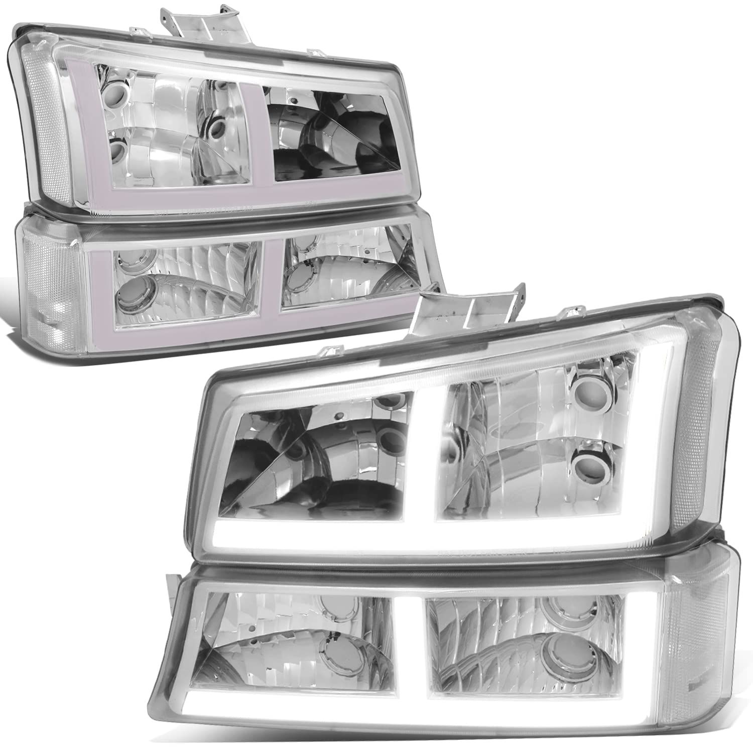 Dna Motoring Hl-Lb4-Csil03-Ch-Cl1 F-Led Drl Headlights Compatible With 03-06 Silverado Avalanche 1500 2500, Fit Models Without F