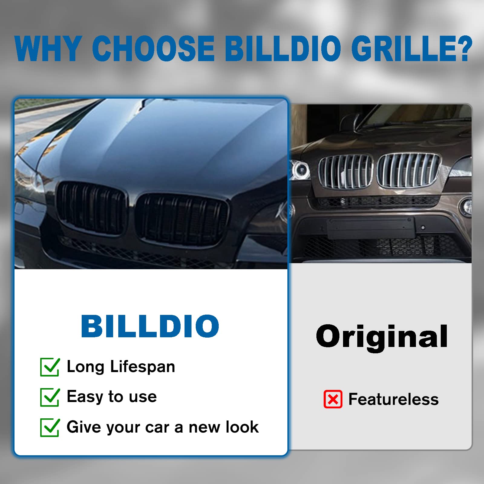 BILLDIO Front Bumper Kidney Grille Grill Glossy Black Compatible with 2007-2014 BMW X5 E70 X6 E71 Dual Slat Double Line
