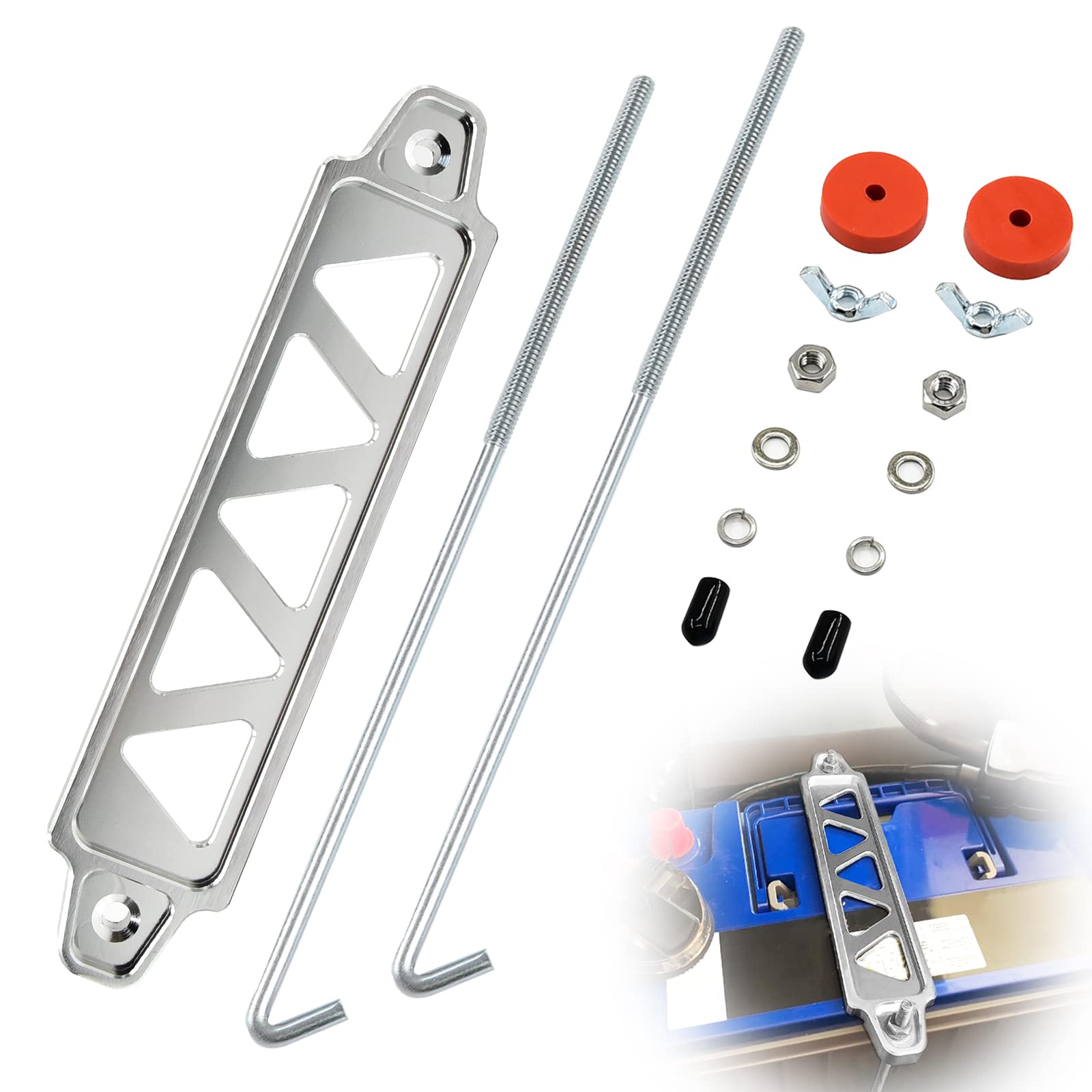 Battery Hold Down Bracket, Aluminum Alloy Battery Tie Down Bracket, Battery Tray For Car Battery Mount Bracket Hold Lock Accessories, Car Battery Lock Down - With 10 Inches J Bolts (Silver)