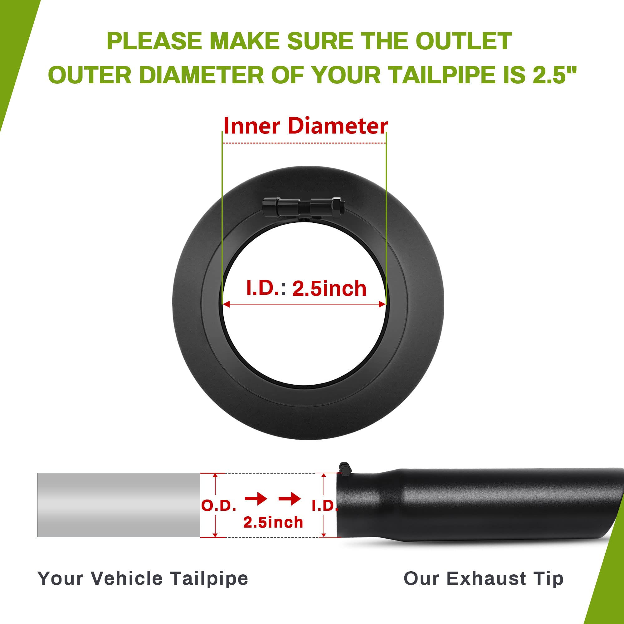 AUTOSAVER88 2.5 Inch Exhaust Tip, 2.5' Inlet 3' Outlet 12' Overall Length Stainless Steel Exhaust Tail Tip, Fits 2 1/2 Inch Outside Diameter Tailpipe, Rolled Angle Cut, Black Powder Coated, Bolt On