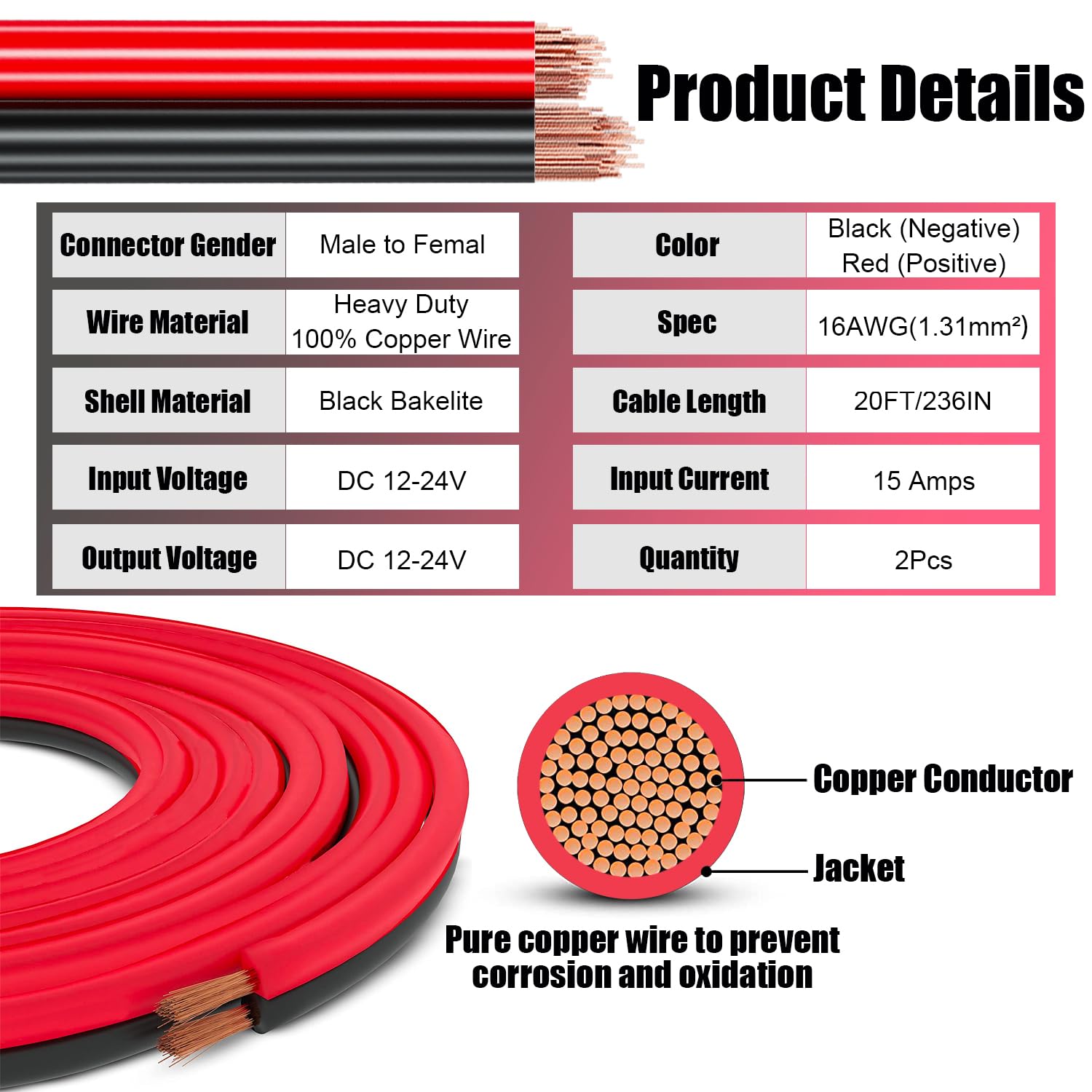 Gibbab 12V/24V 16Awg Heavy Duty Cigarette Lighter Extension Cable 20Ft, 156W/20A Male Plug To Female Socket Adapter Extension Co