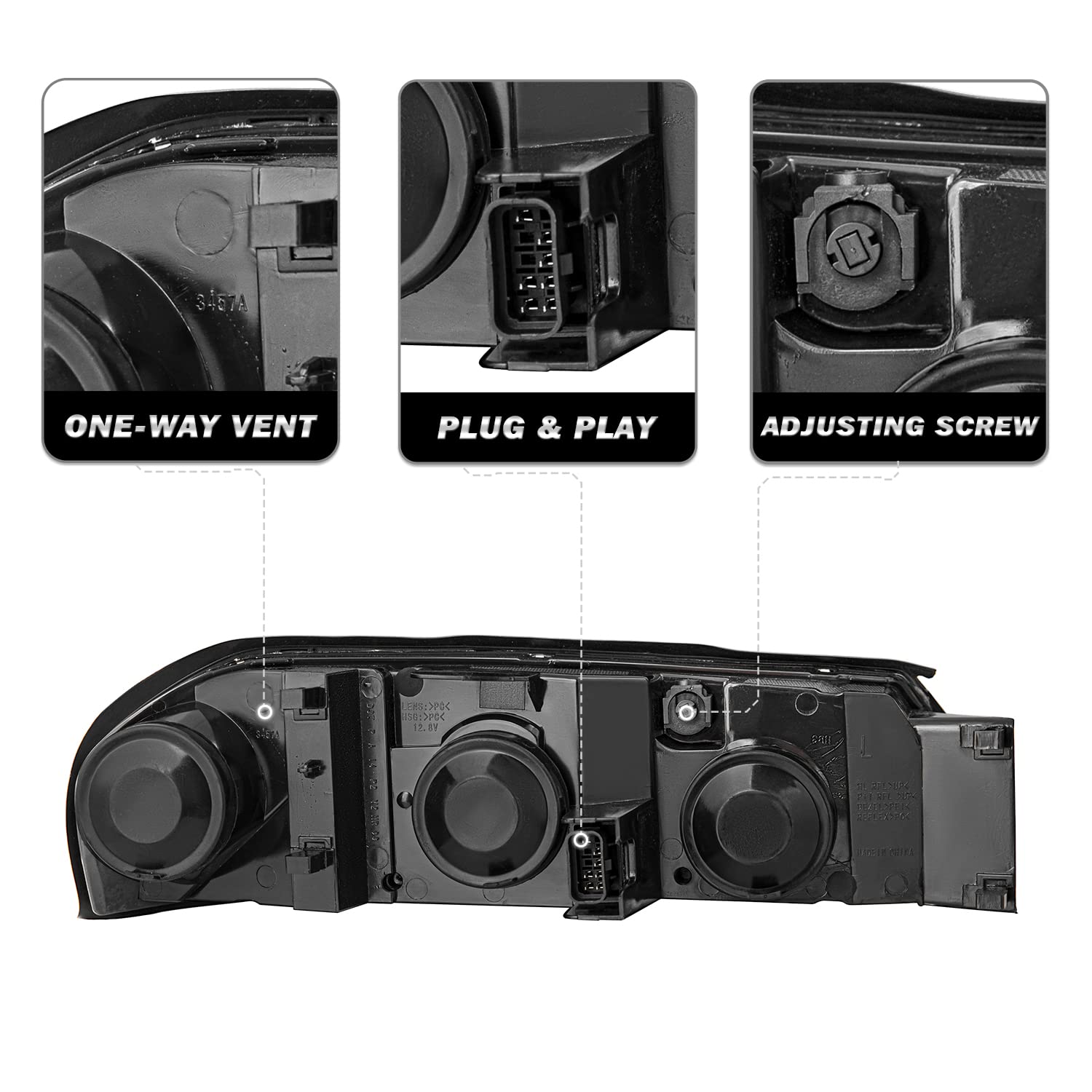 Sockir Headlight Assembly With Bulbs Included Compatible With 2000-2005 Chevy Impala, Black Housing & Amber Reflector