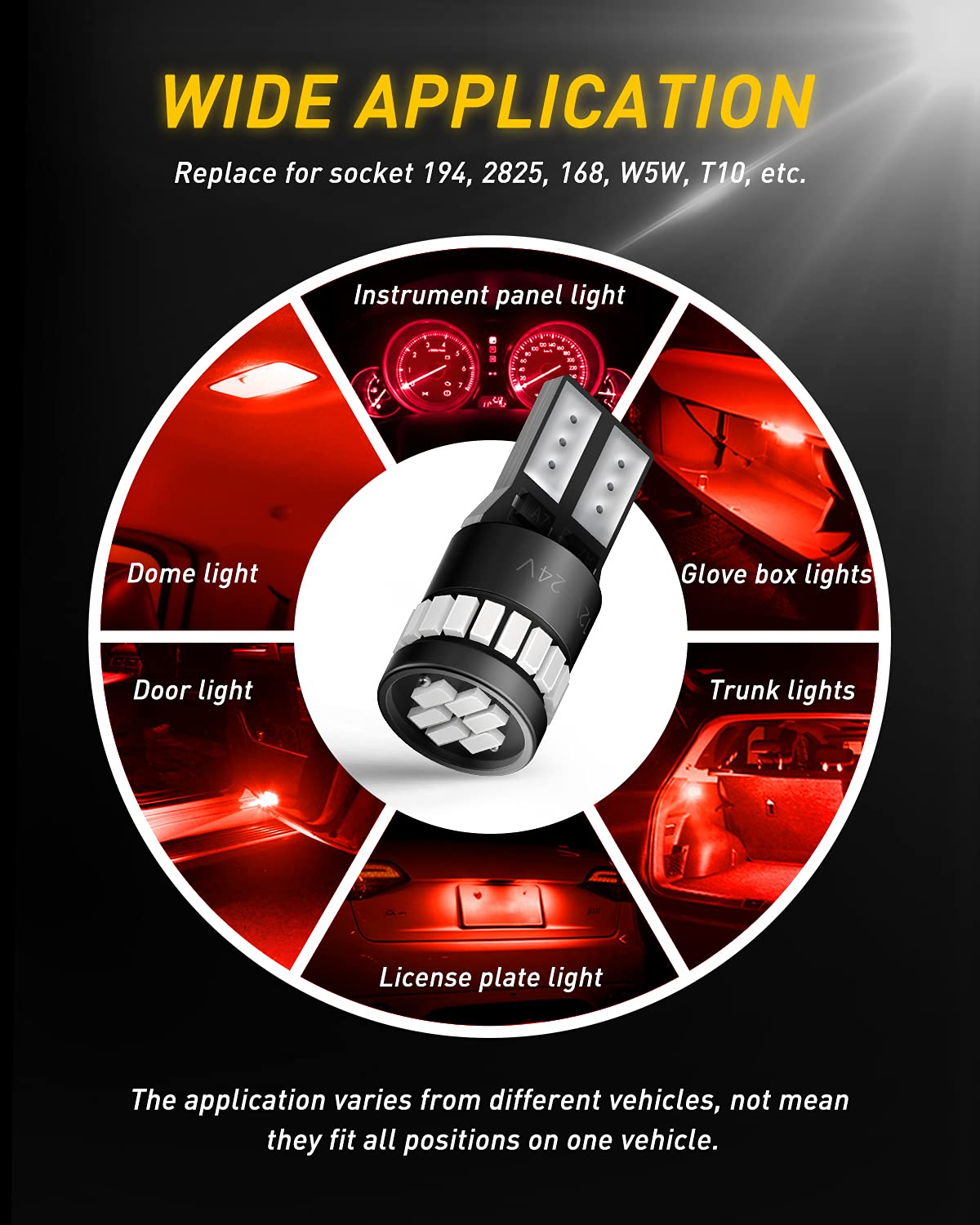 Auxito Brilliant Red Led Light 168 175 194 2825 W5W T10 24-Smd 3014 Chipsets For Car Powersport Accessory Dome Map Door Courtesy