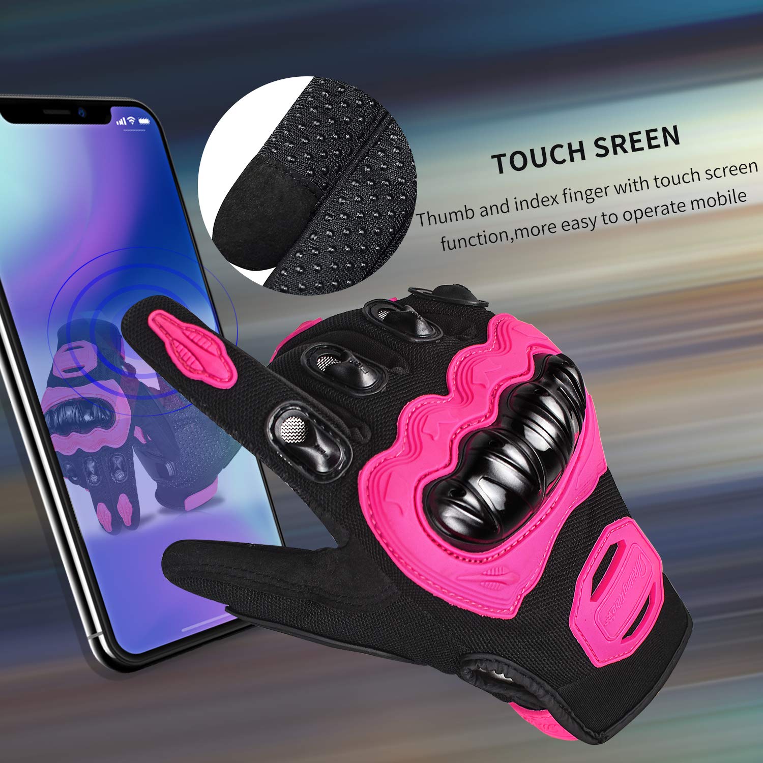 ELCYCO Women's Pink Touch Screen Motorcycle Gloves, Medium Full Finger for Summer Riding, Cycling, Dirt Bike, Climbing, Motocross