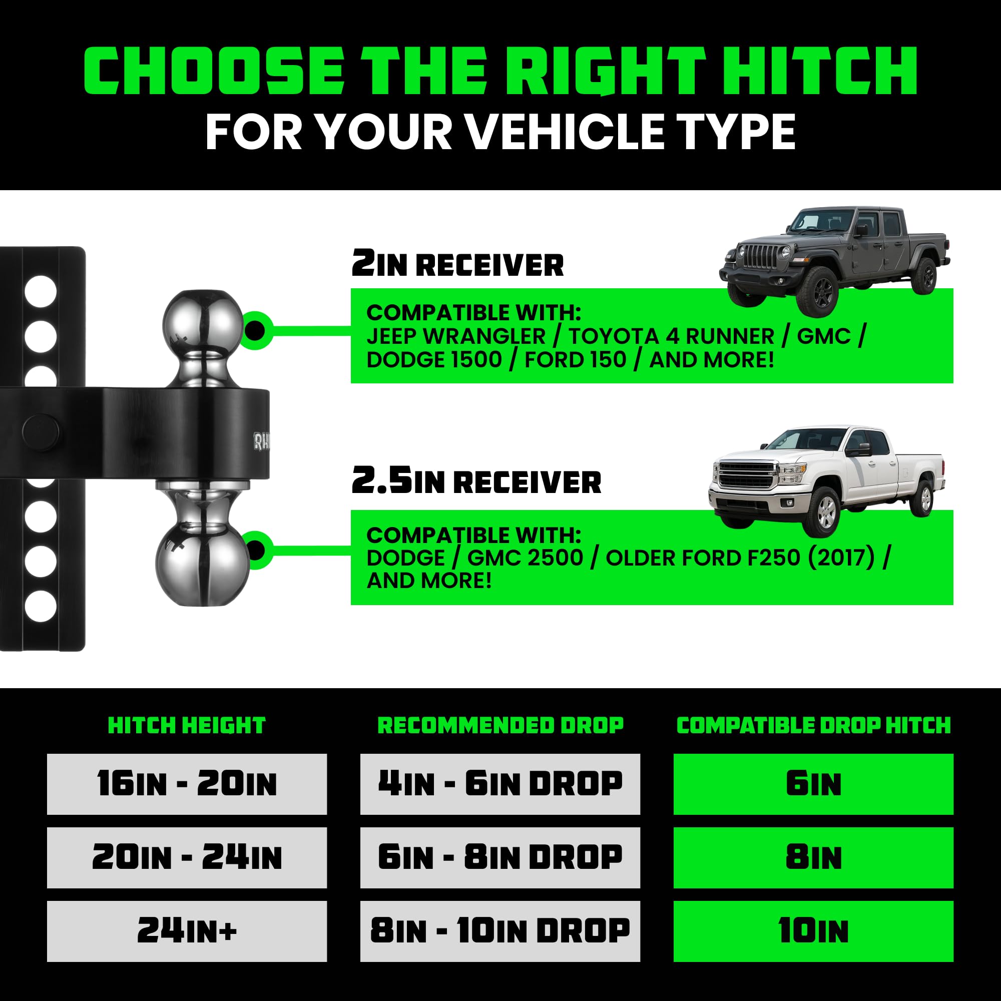 Rhino USA Adjustable Trailer Hitch - Heavy Duty Aluminum, 10-Inch Drop/Rise, 2-Inch Receiver, 12,500 LBS GTW, Black, Model RG-HTDROP