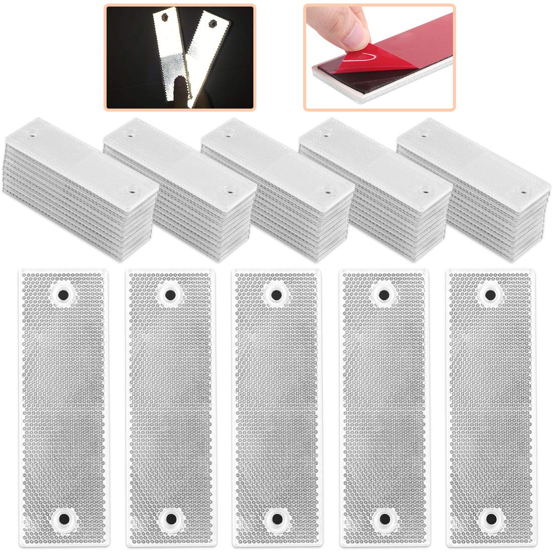 Rustark 50 Pcs White Plastic Rectangular Stick-on Car Reflector Sticker Waterproof Warning Plate Adhesive Reflective with Screw 