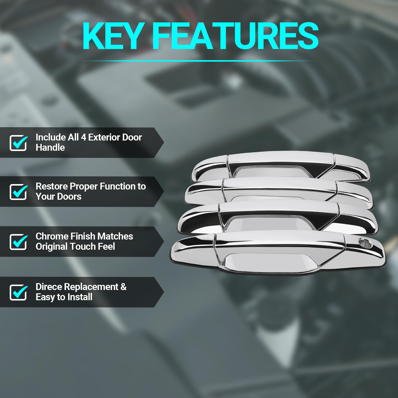 Exterior Chrome Door Handle - Compatible With 2007-2013 Chevy Avalanche, Silverado, Suburban, Tahoe, Gmc Sierra, Yukon, Cadillac Escalade Pickup Truck Suv - 4 Pcs Front Rear Driver & Passenger Side