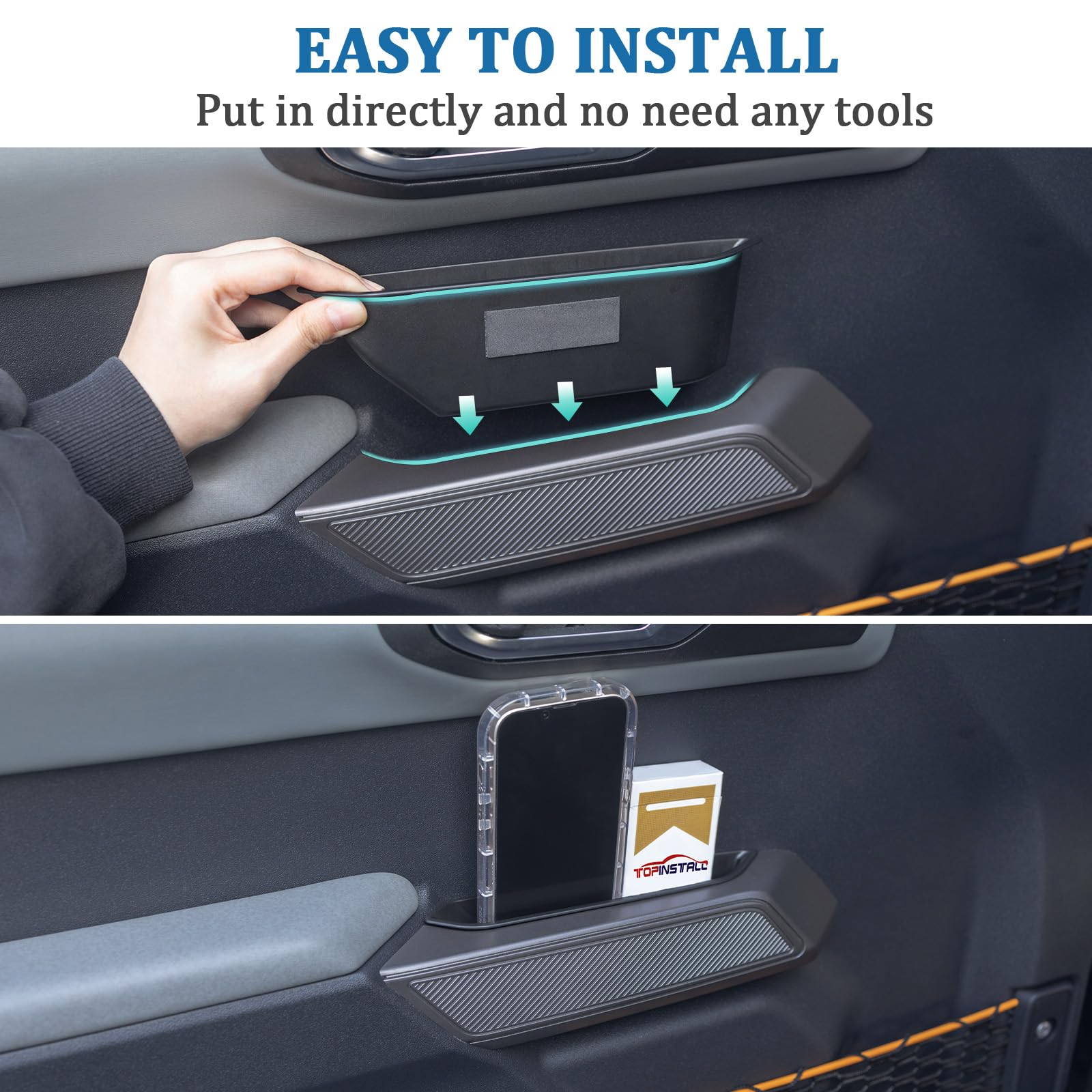 TOPINSTALL 2PCS Front Door Storage Box Compatible with Ford Bronco 2021-2025 Accessories, Phone Holder Door Grab Handle Pocket S