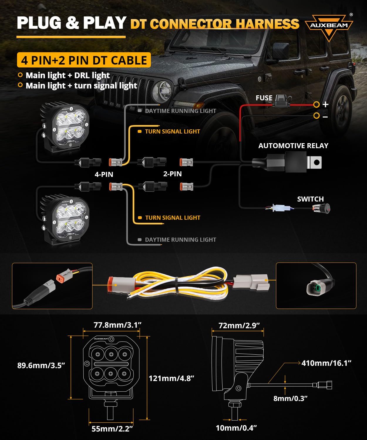 Auxbeam Xp-Ultra Series 3Inch 84W Led Pods, Drl & Turn Signal Multi Modes Amber White Led Light Bar, 9600Lm Spot Flood Combo Dit