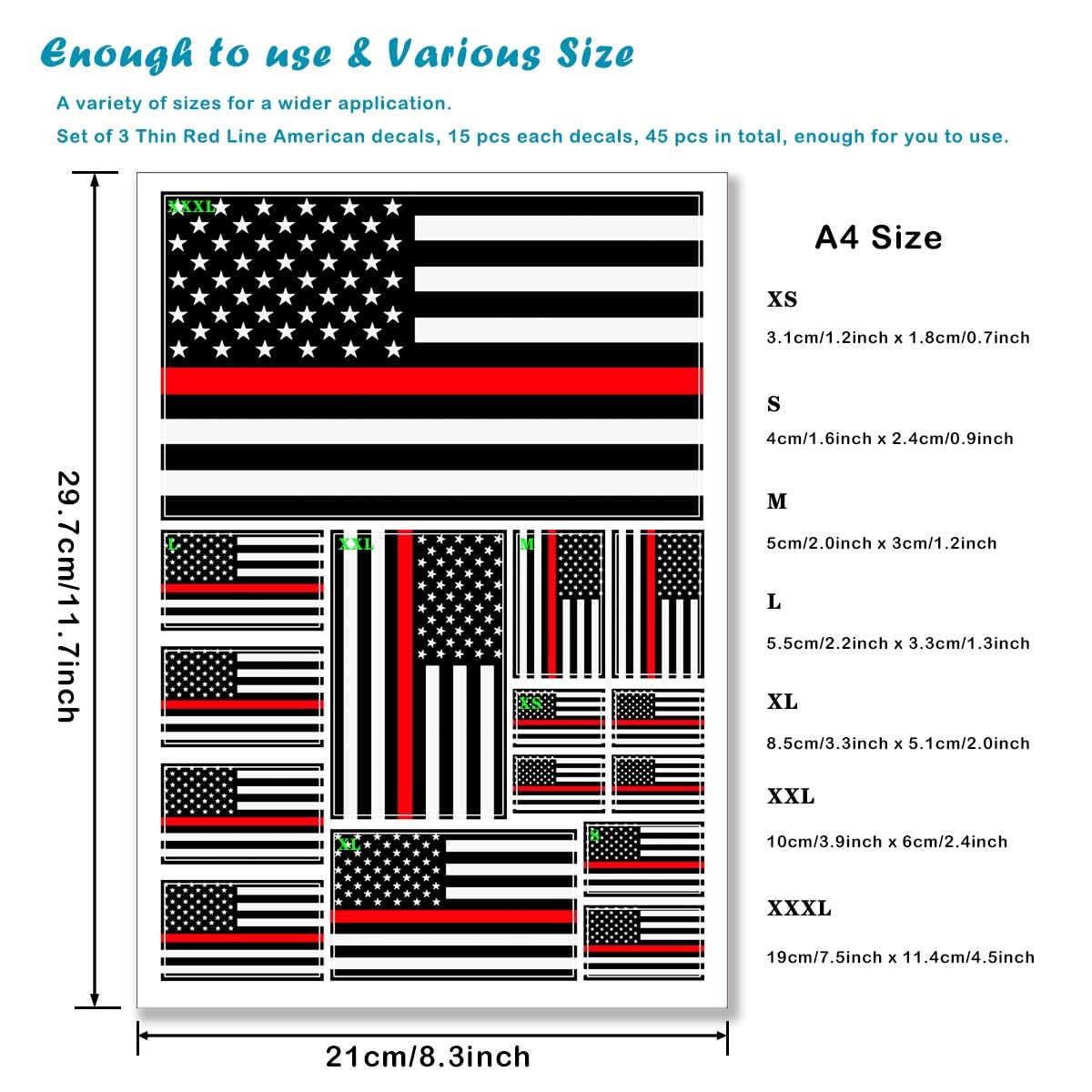 QQSD Thin Red Line American Firefighter Flag Sticker Decal in Multiple Sizes - Honoring Law Enforcement Officers Stickers, 3 Pac