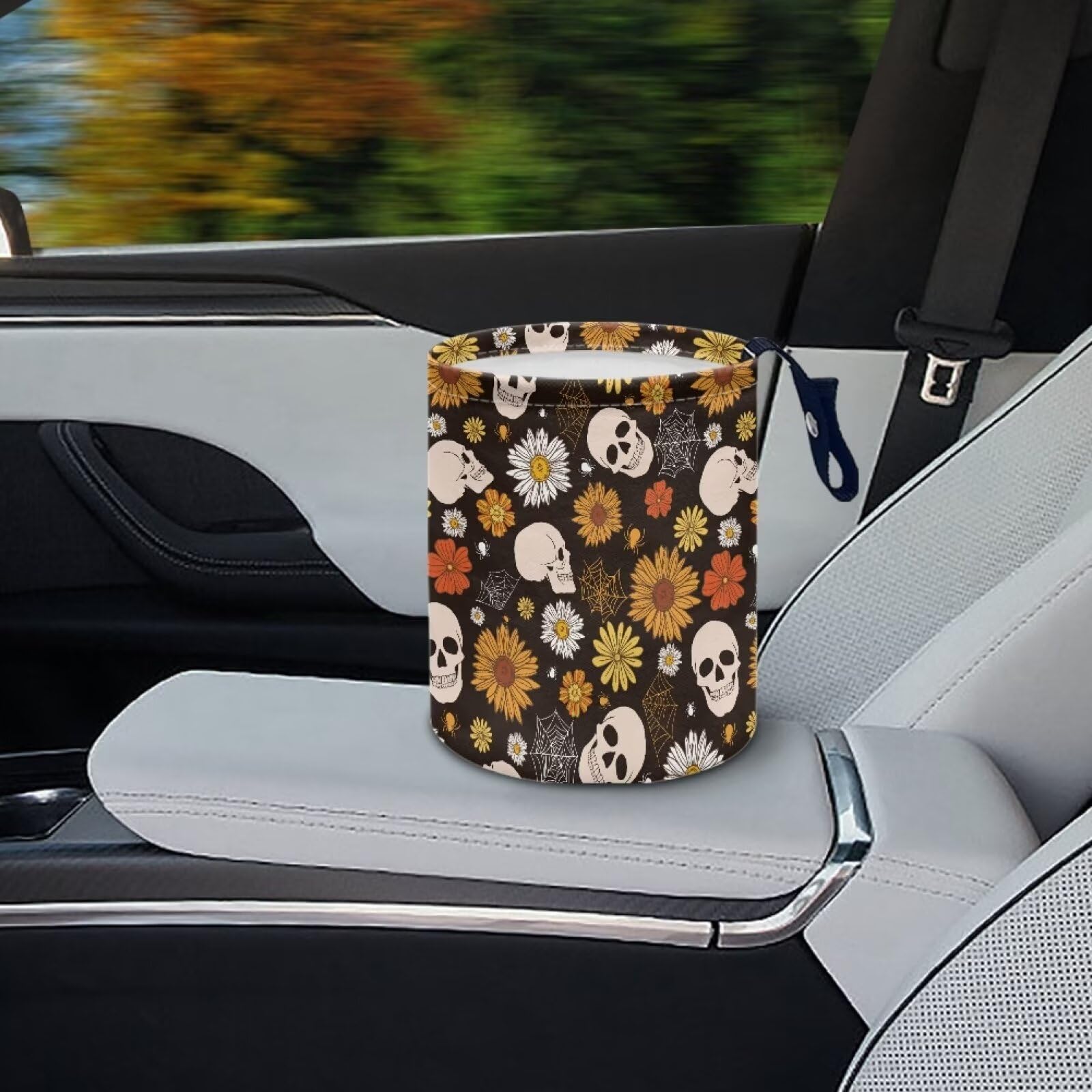 Brosoneto Halloween Gothic Skull Car Trash Bag Portable Garbage Bin Hippie Daisy Retro for Car Front Seat, Back Seat, Floor, Eas