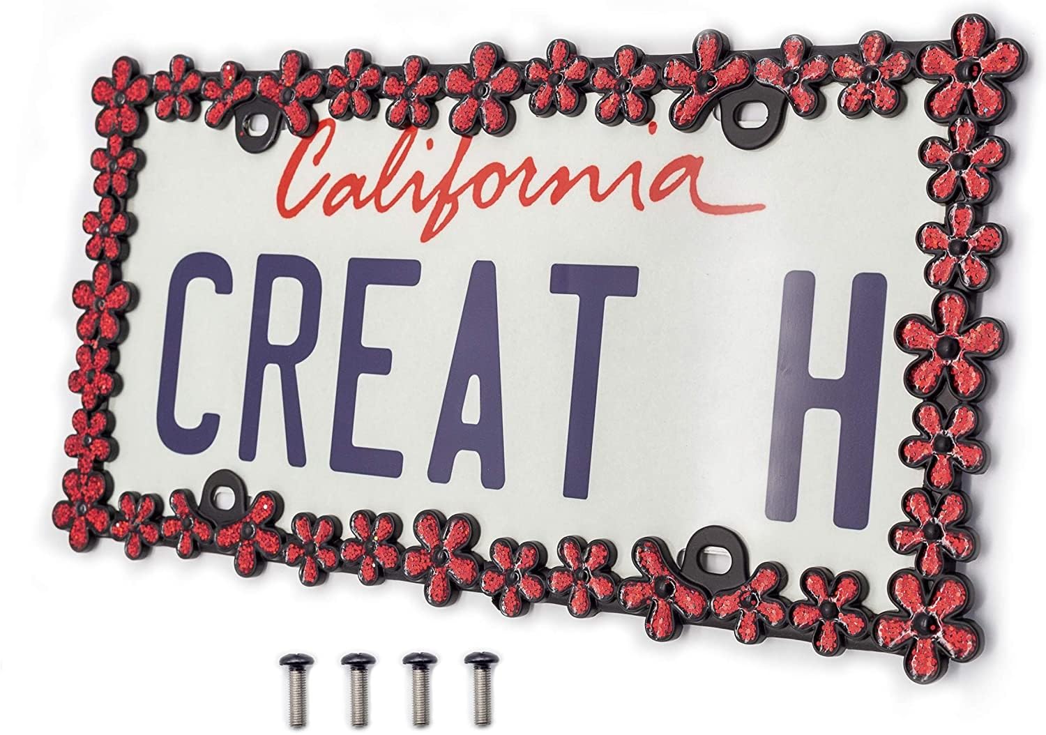 Creathome 3D Shining Daisy Wrenth License Plate Frame From Pure Zinc Alloy Metal Perfect Plate Holder,Matt Black With Red Glitte