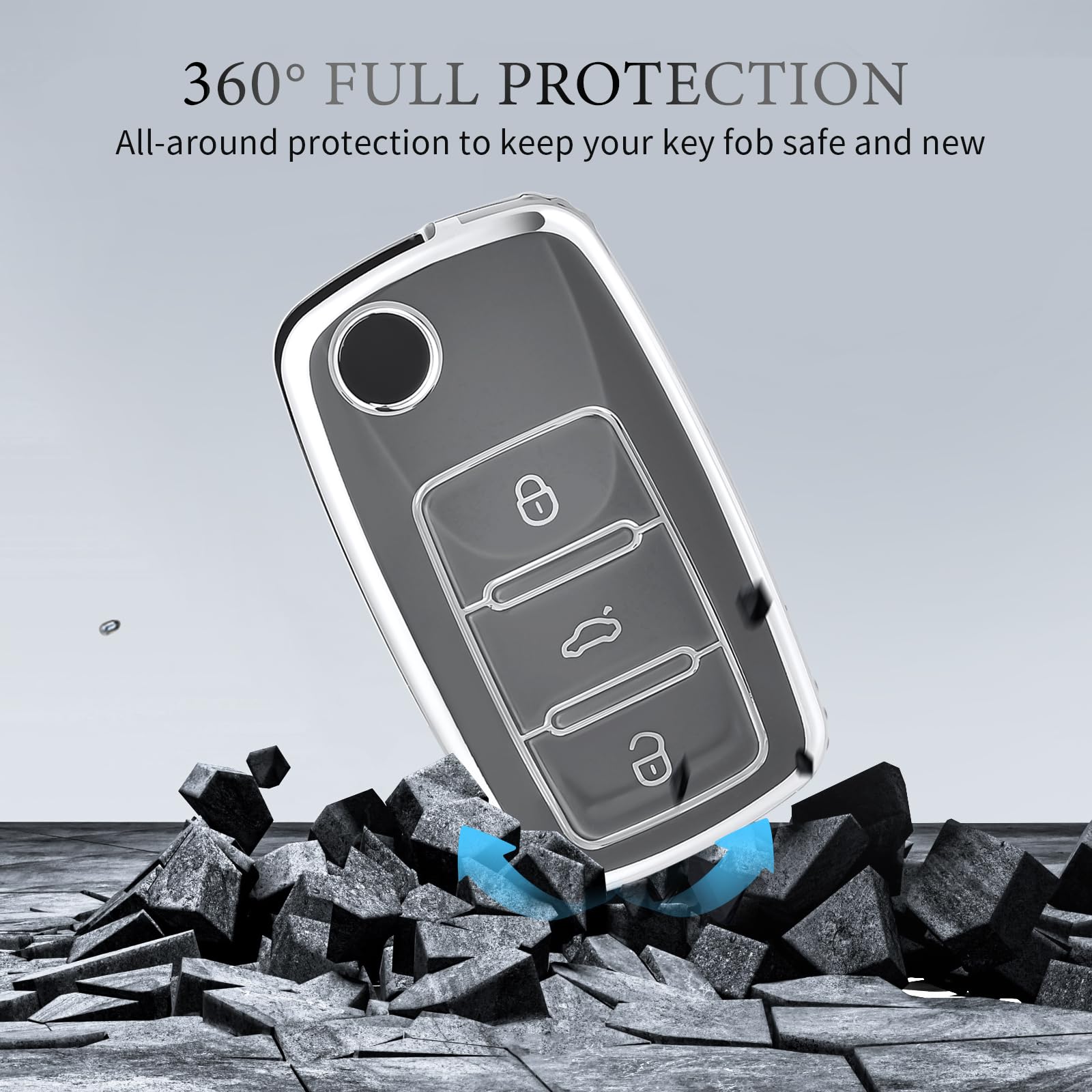 OFFCURVE Key Fob Cover with keychain for Volkswagen, Soft TPU Full Protector Key Fob Case for VW Jetta Golf Polo Passat MK8 Tigu