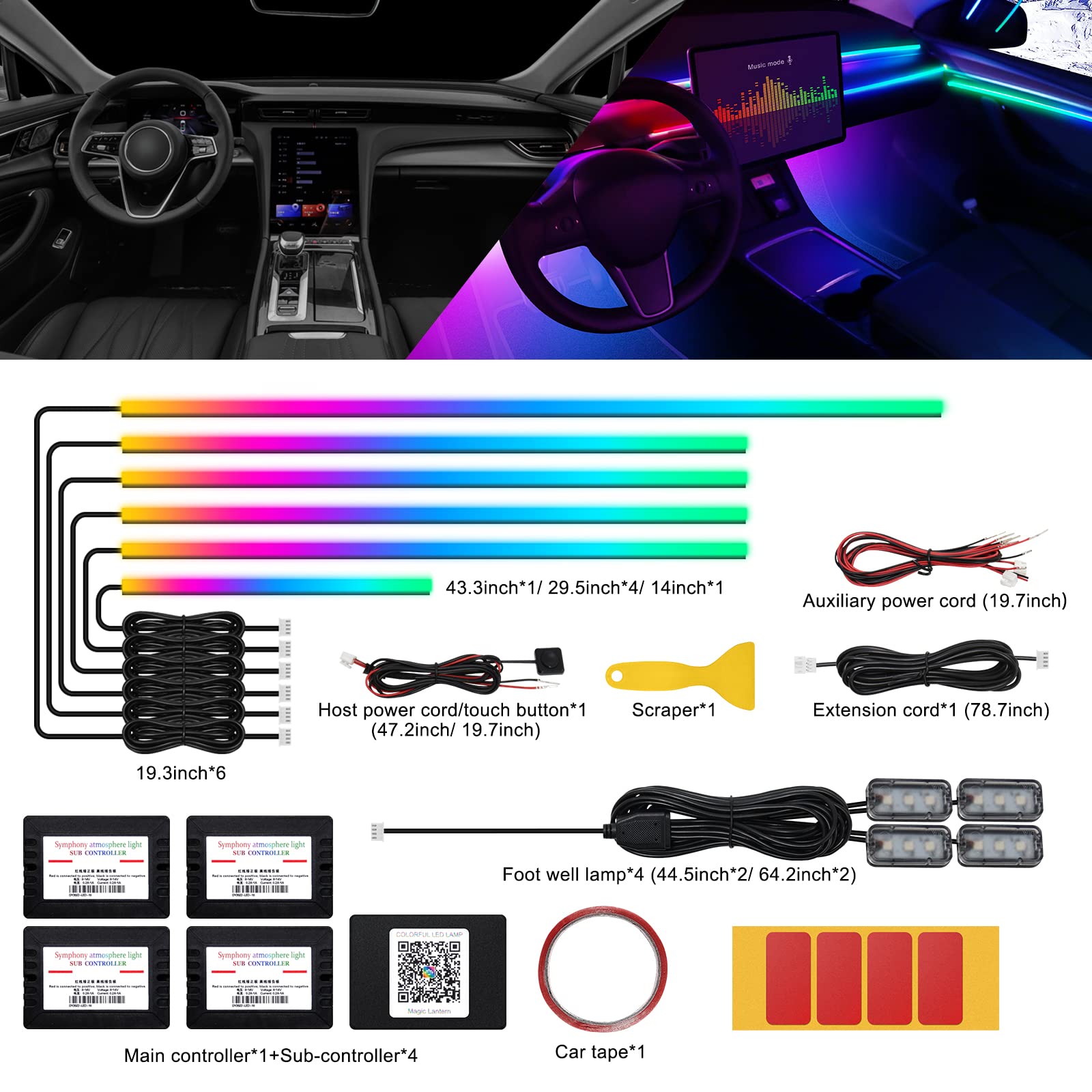 Dreamcolor Acrylic Interior Car Led Strip Light With Wireless App, Rgb 10 In 1 With 175 Inches 593 Leds Fiber Optic Ambient Ligh