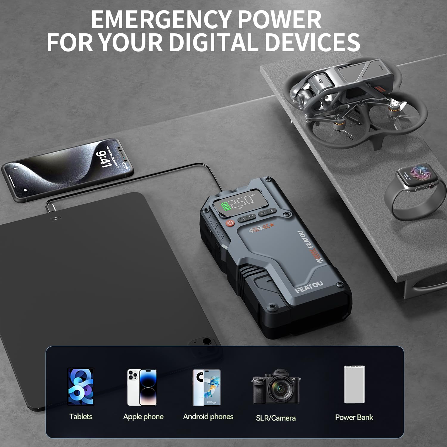 Featou Jump Starter with Air Compressor, 5 in 1 Functional Jump Box 3000A Peak Battery Power Pack with 150PSI Digital Tire Infla