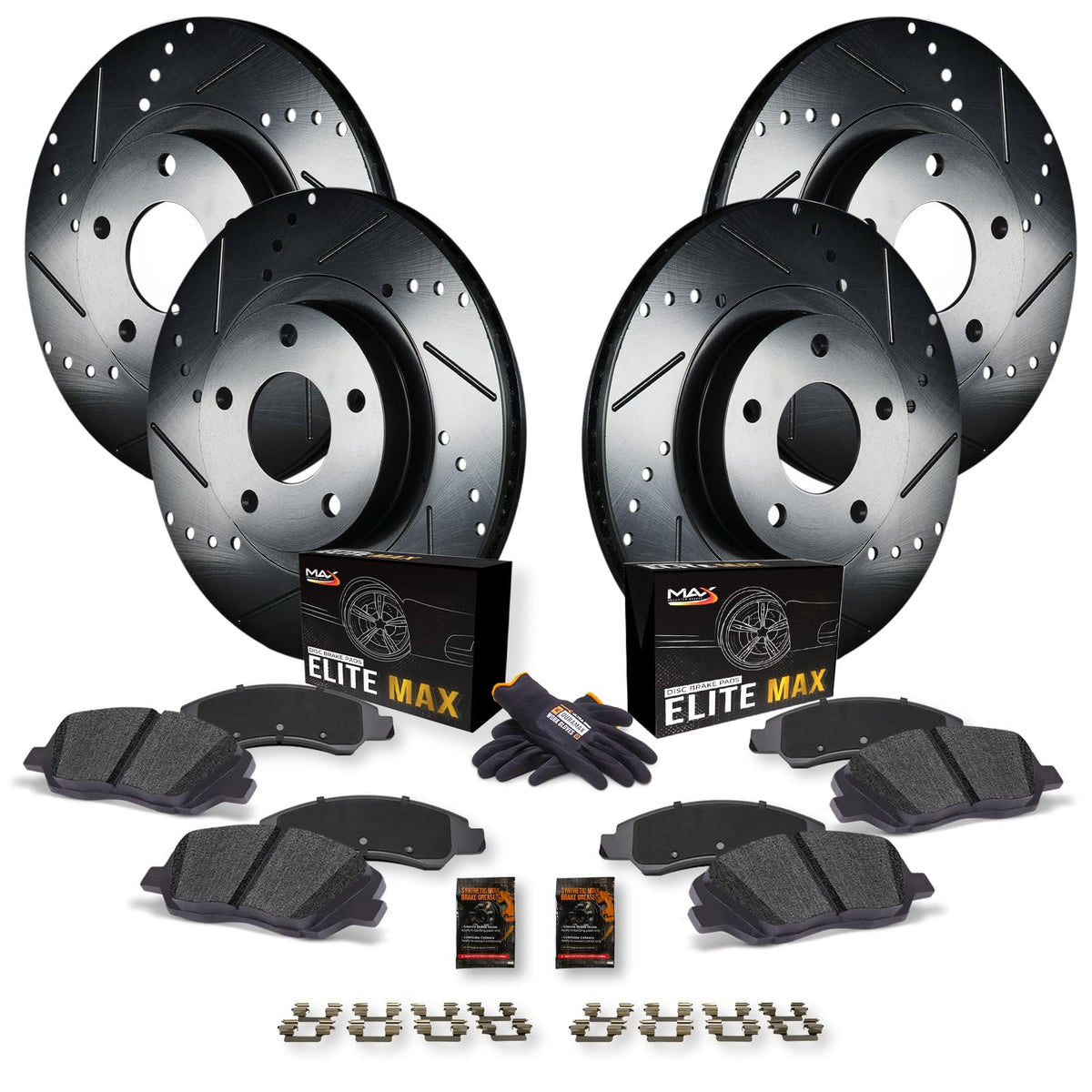 Max Advanced Brakes Front & Rear Brake Kit For 2018-2020 Hyundai Elantra Gt 2019-2021 Kia Forte 2014-2019 Kia Soul Replacement Drilled Slotted Black Coated Disc Brake Rotors And Ceramic Brake Pads