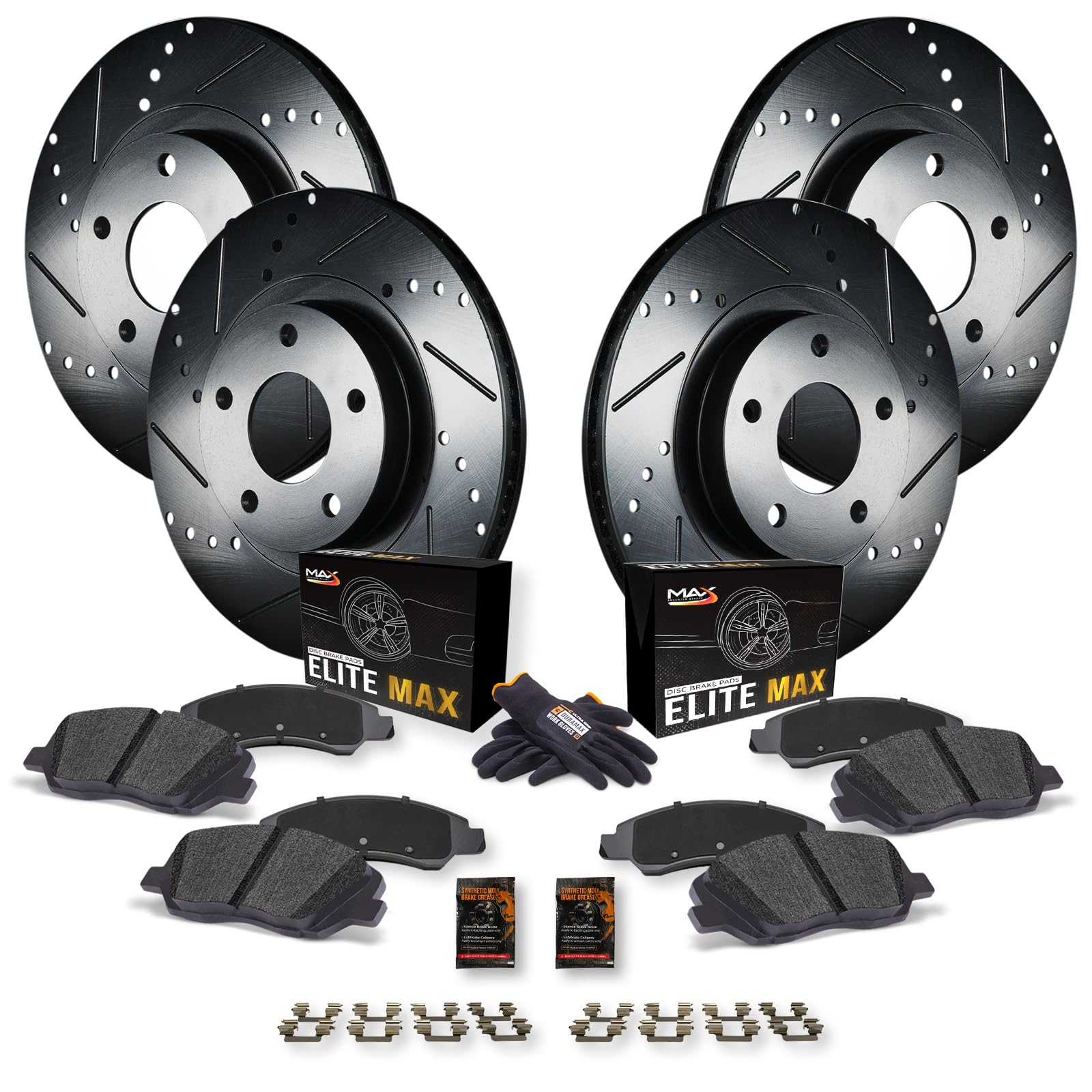 Max Advanced Brakes Front & Rear Brake Kit For 2015-2017 2018 2019 Hyundai Sonata 2014 2015 2016 Kia Cadenza Optima Replacement Drilled Slotted Black Coated Disc Brake Rotors And Ceramic Brake Pads
